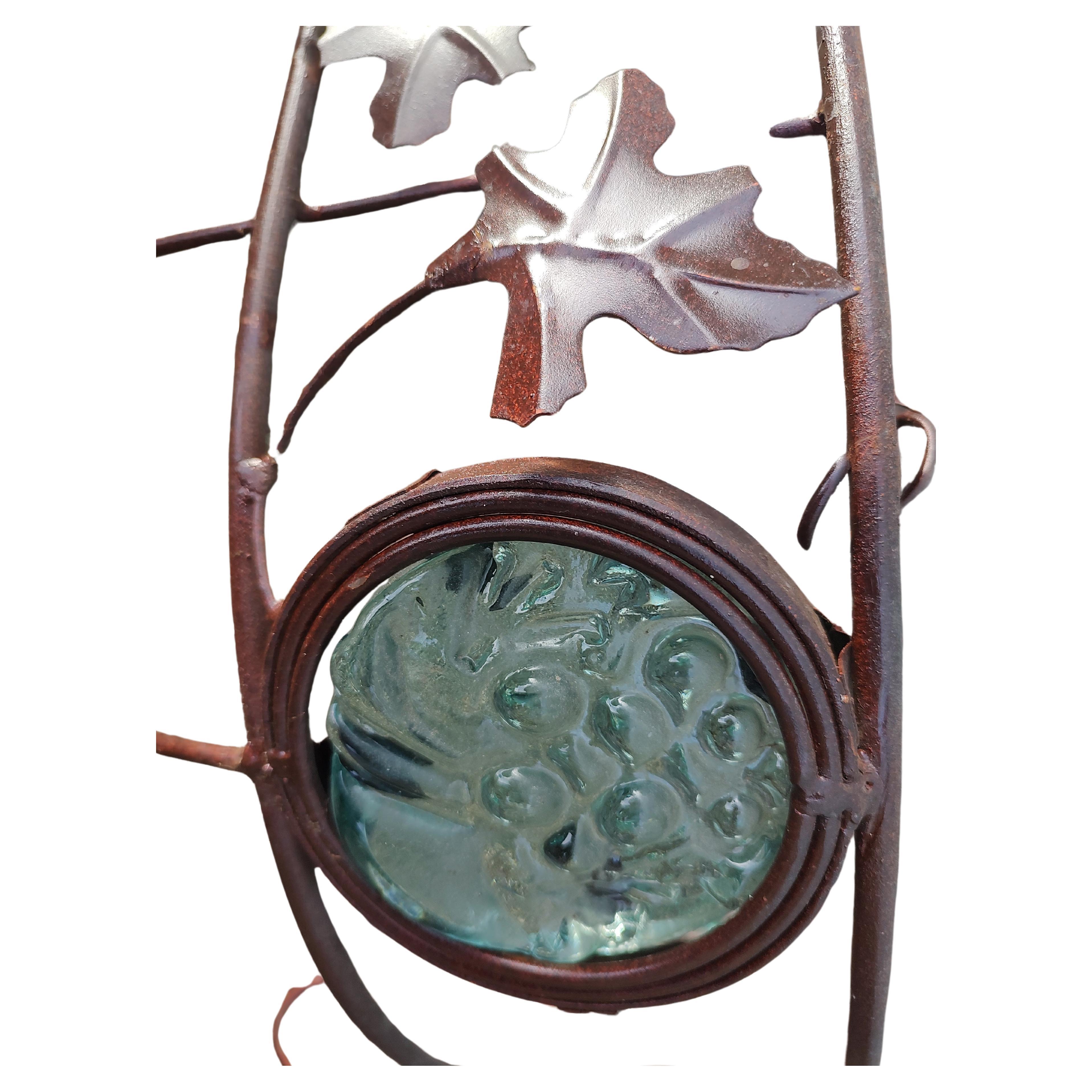 Industrial Wrought Iron with Decorative Stained Glass Panels Hanging Pot Rack For Sale