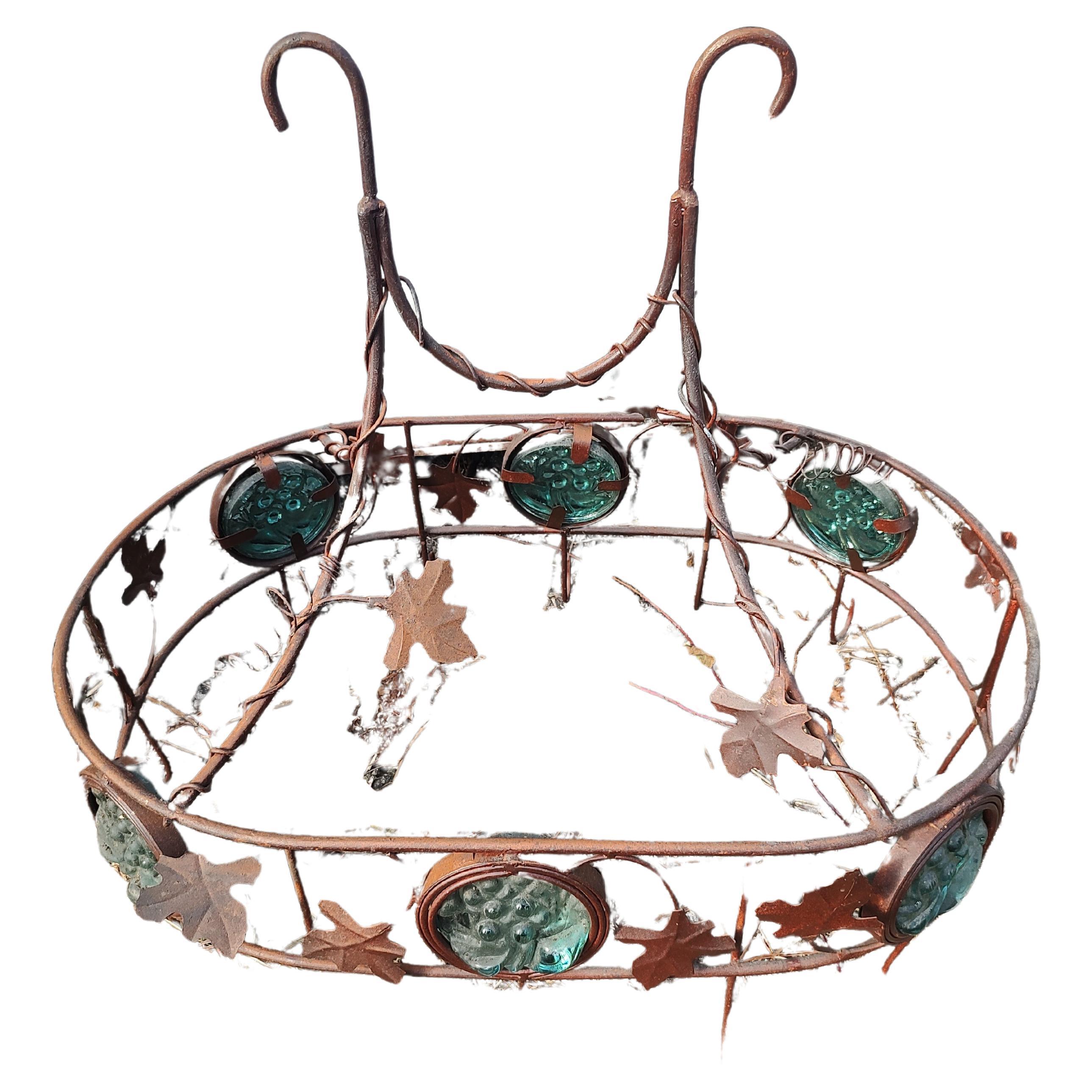 American Wrought Iron with Decorative Stained Glass Panels Hanging Pot Rack For Sale