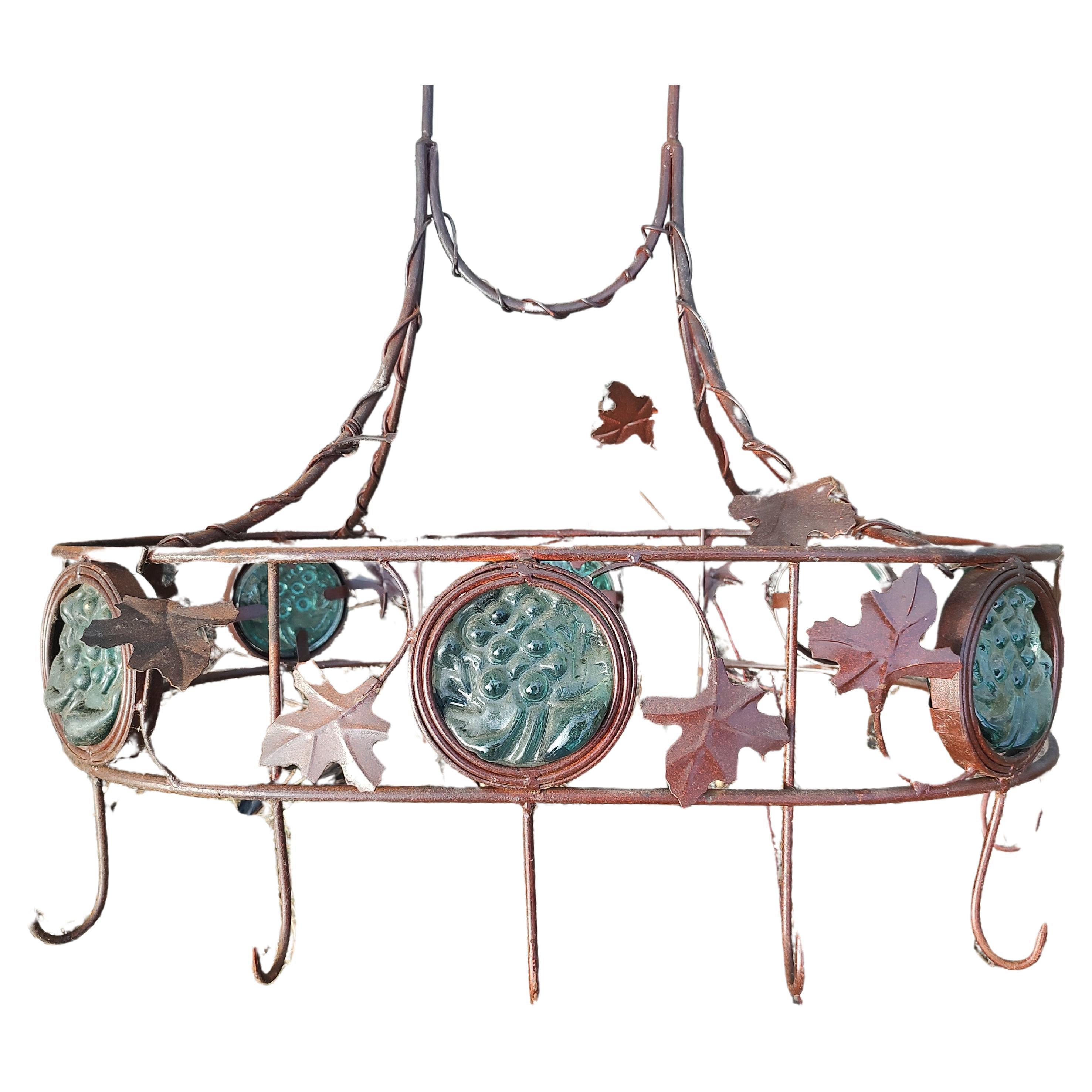 Hand-Crafted Wrought Iron with Decorative Stained Glass Panels Hanging Pot Rack For Sale