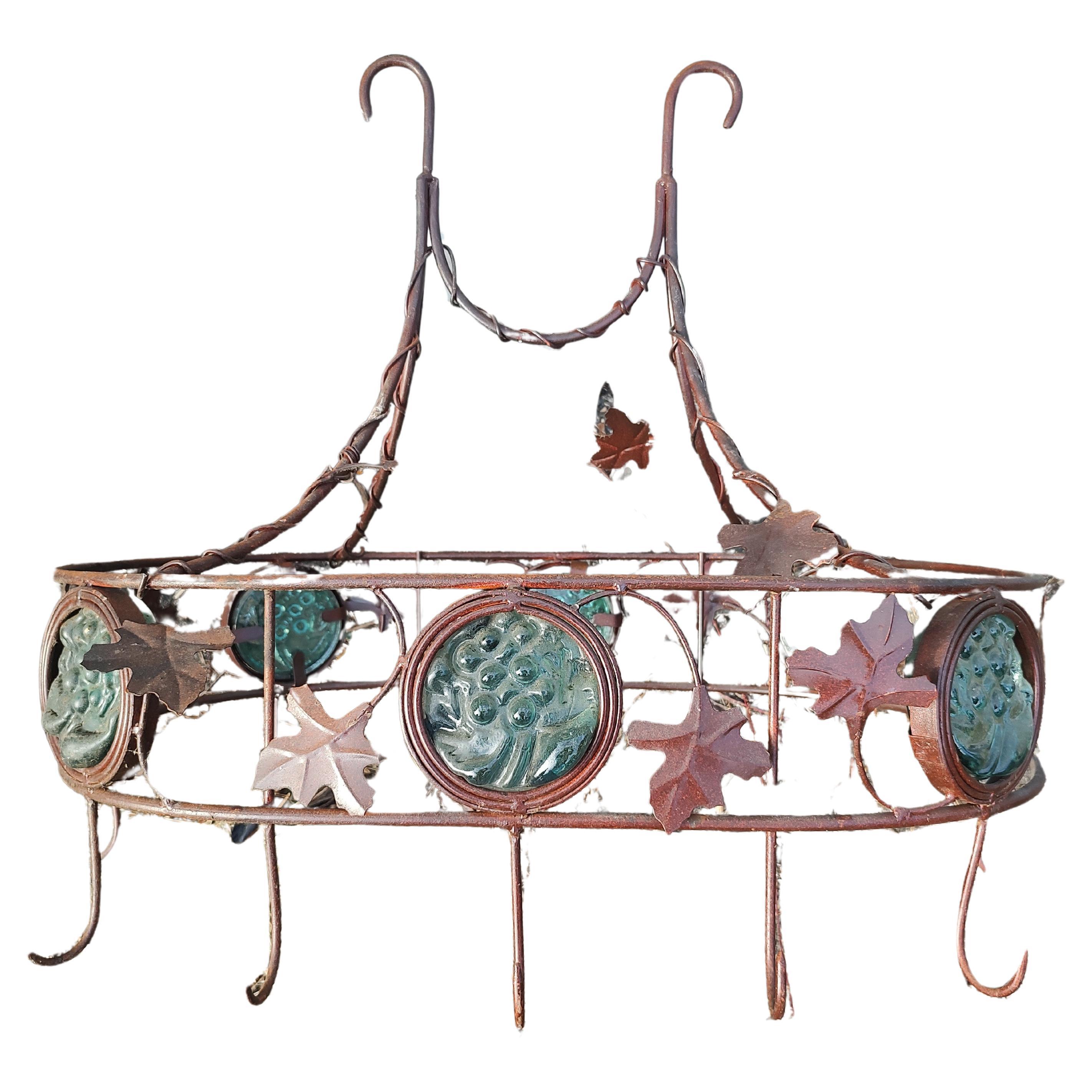 Wrought Iron with Decorative Stained Glass Panels Hanging Pot Rack For Sale