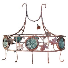 Used Wrought Iron with Decorative Stained Glass Panels Hanging Pot Rack