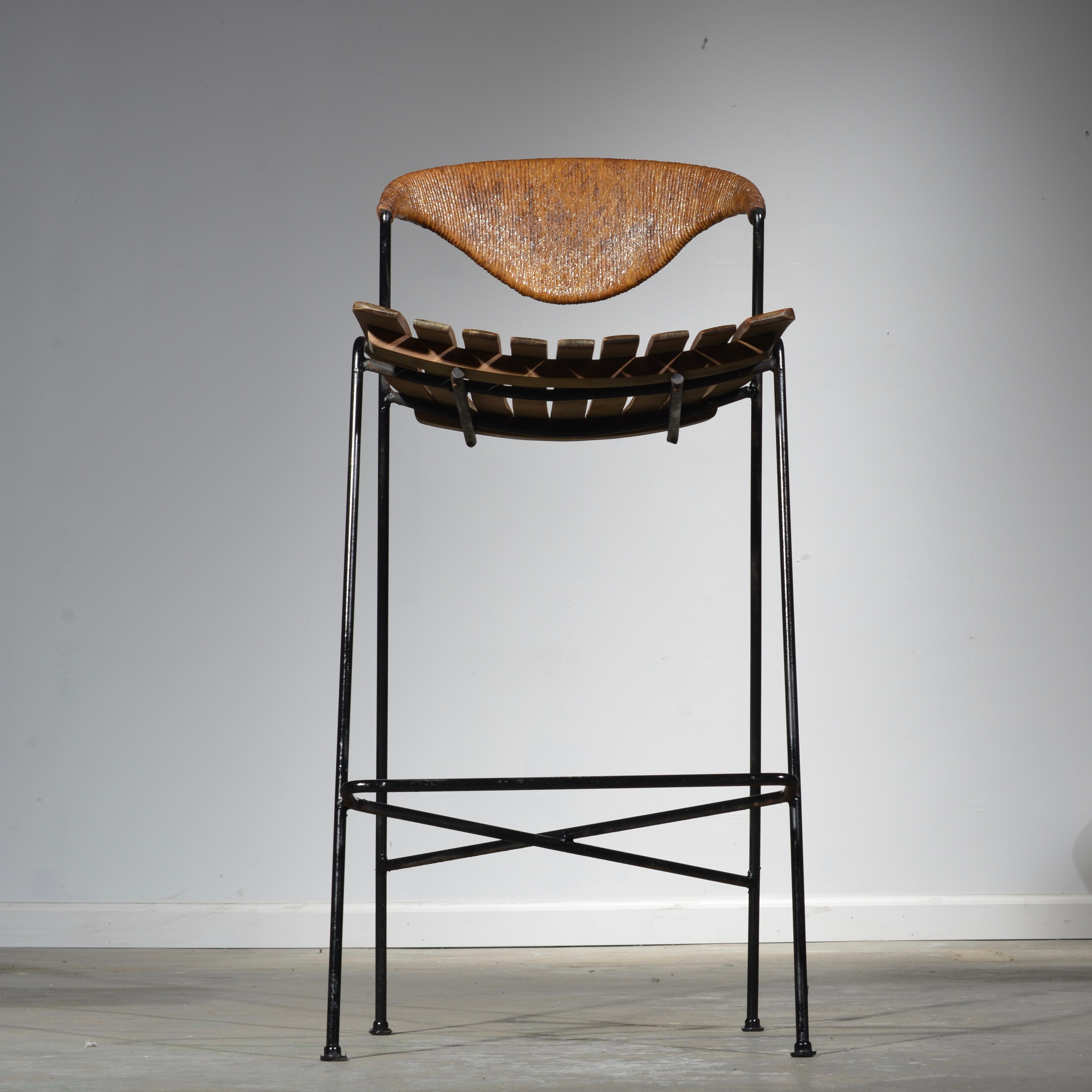 Wrought Iron, Wood and Paper Cord Bar Stools by Arthur Umanoff 1