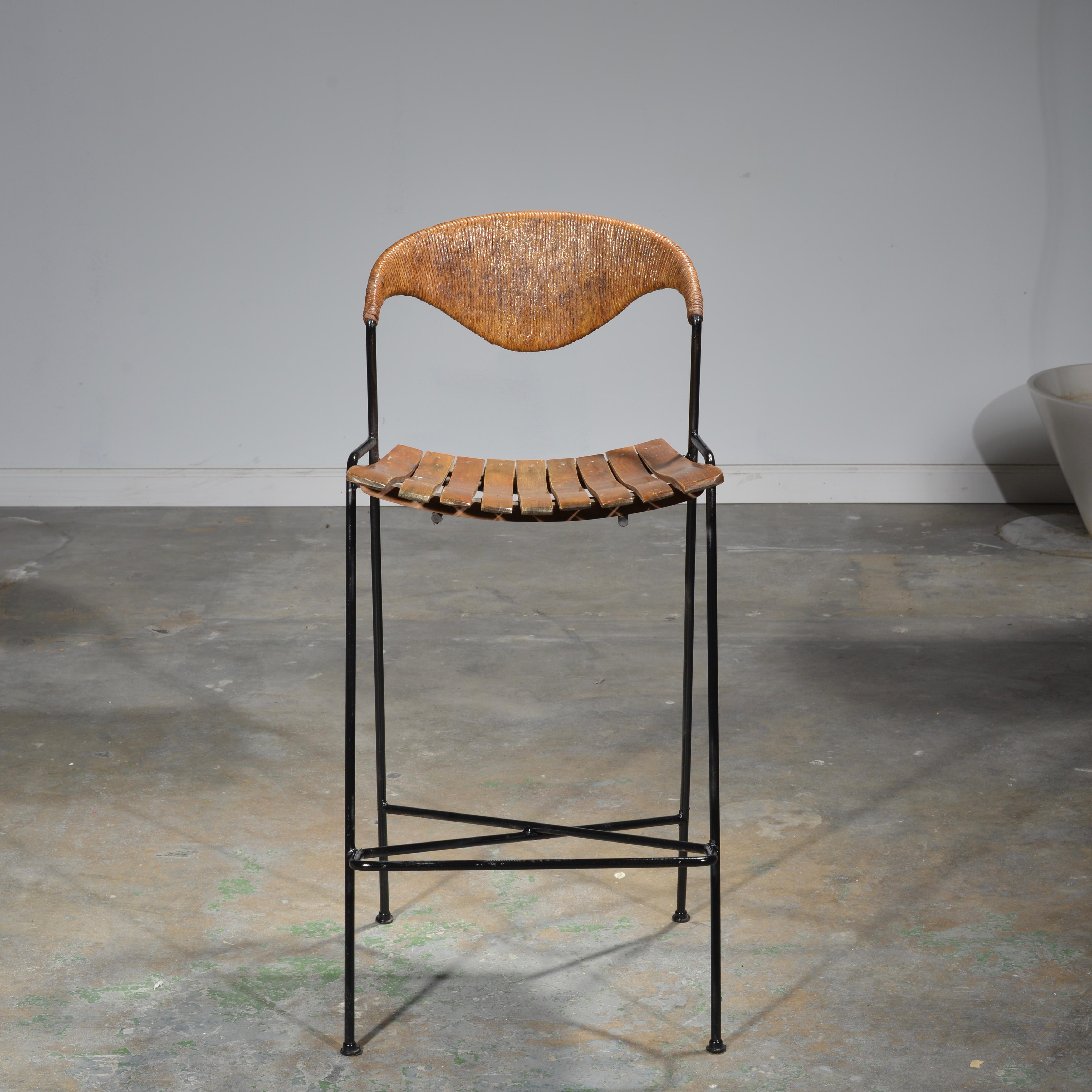 Wrought Iron, Wood and Paper Cord Bar Stools by Arthur Umanoff 2