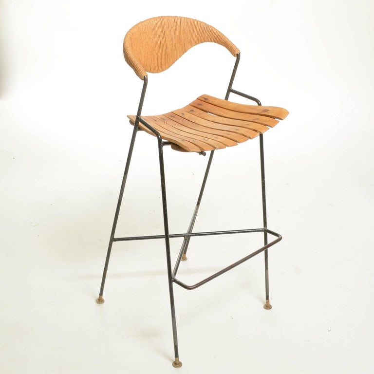 Wrought Iron, Wood and Paper Cord Bar Stools by Arthur Umanoff at