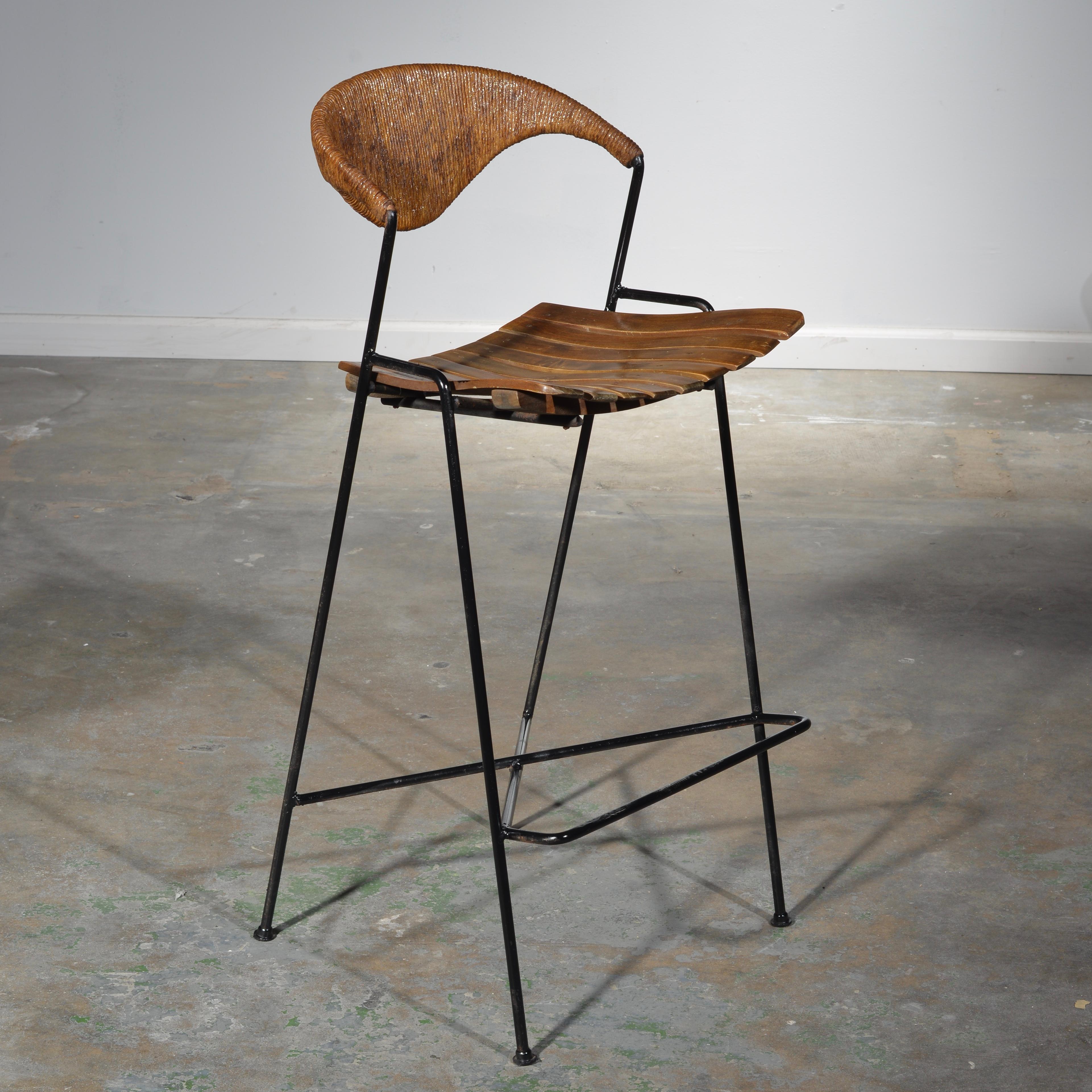 American Wrought Iron, Wood and Paper Cord Bar Stools by Arthur Umanoff