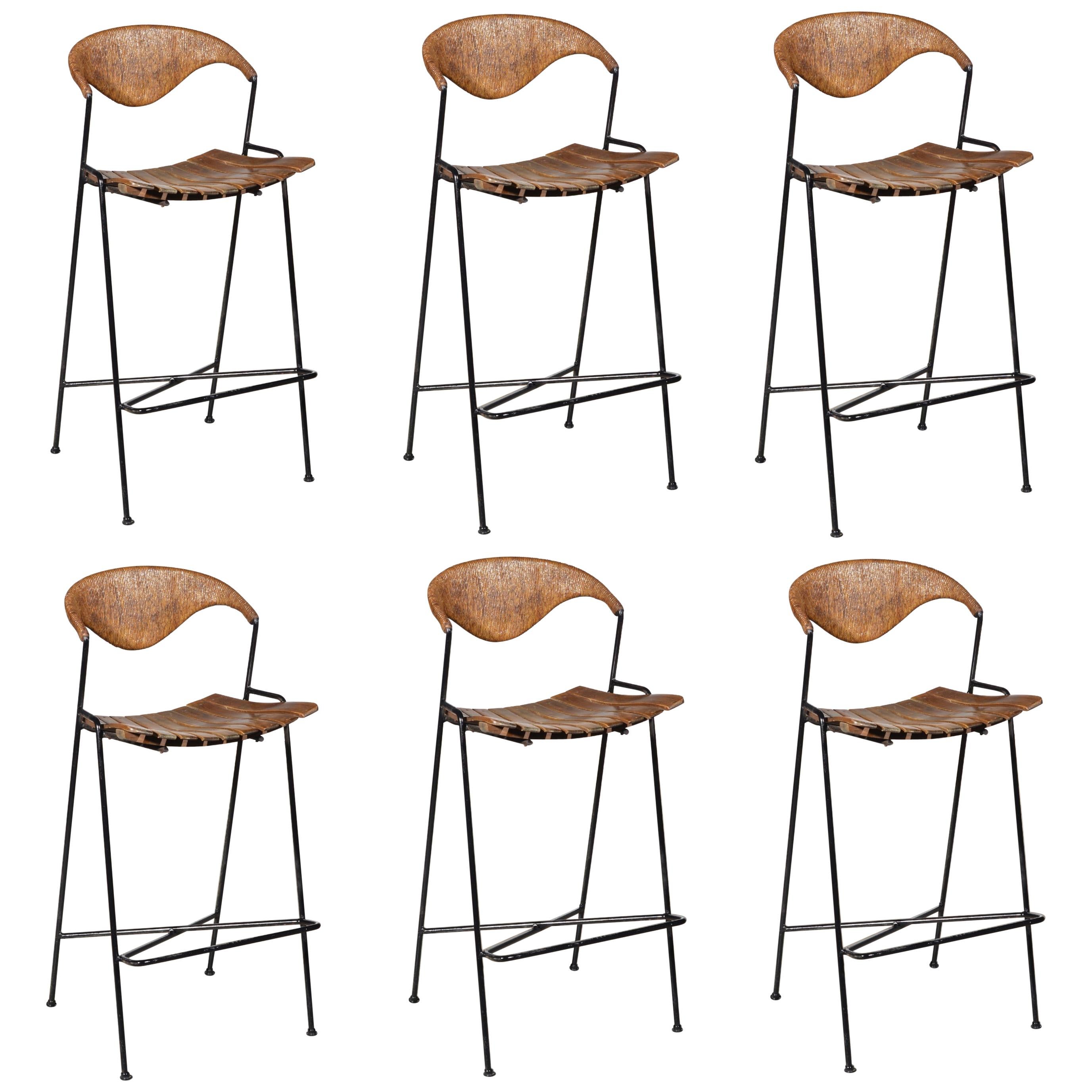 Wrought Iron, Wood and Paper Cord Bar Stools by Arthur Umanoff