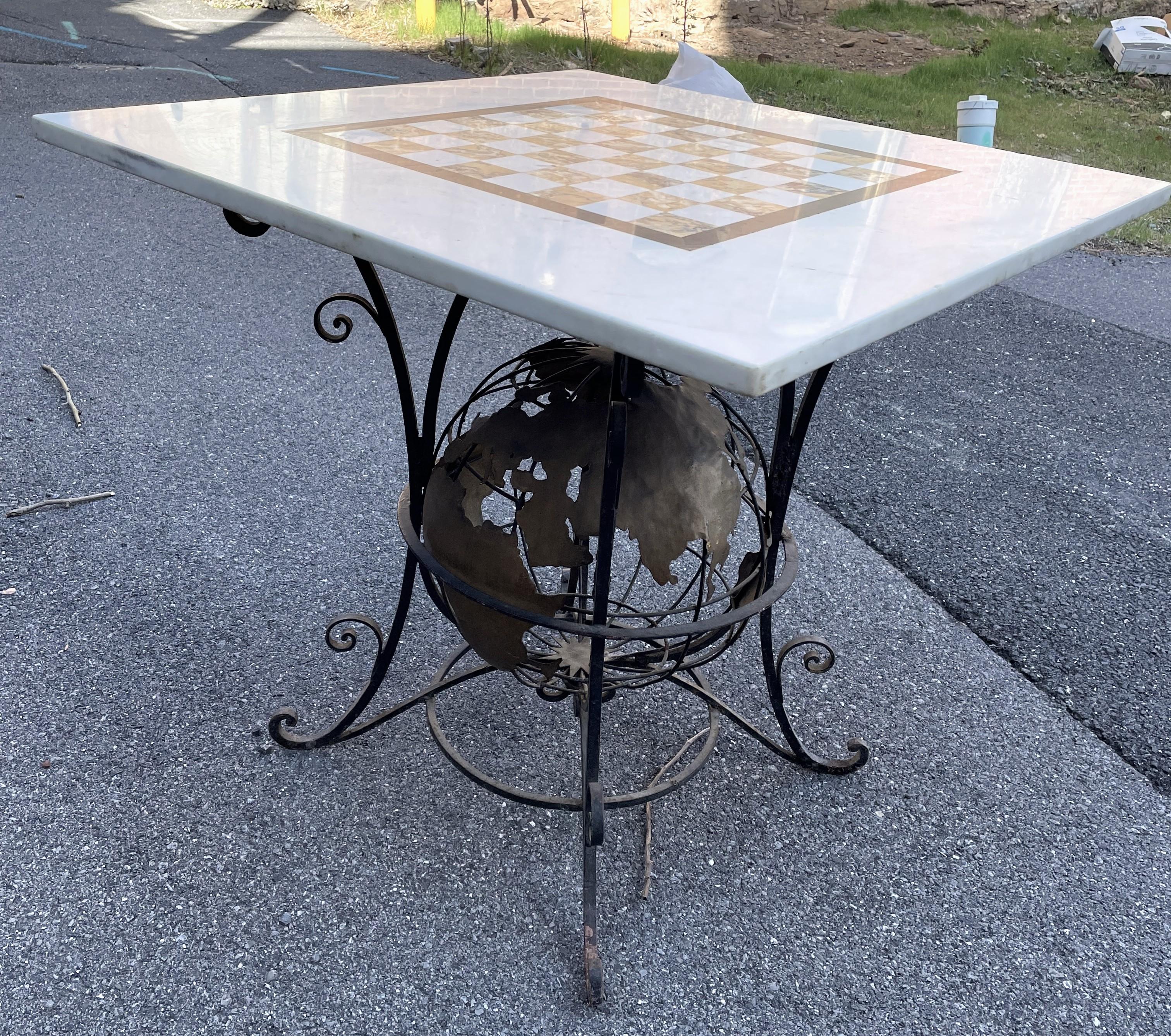 Italian Wrought Iron World Globe Centered Table w/ Inlaid Marble Chess Board Top  For Sale