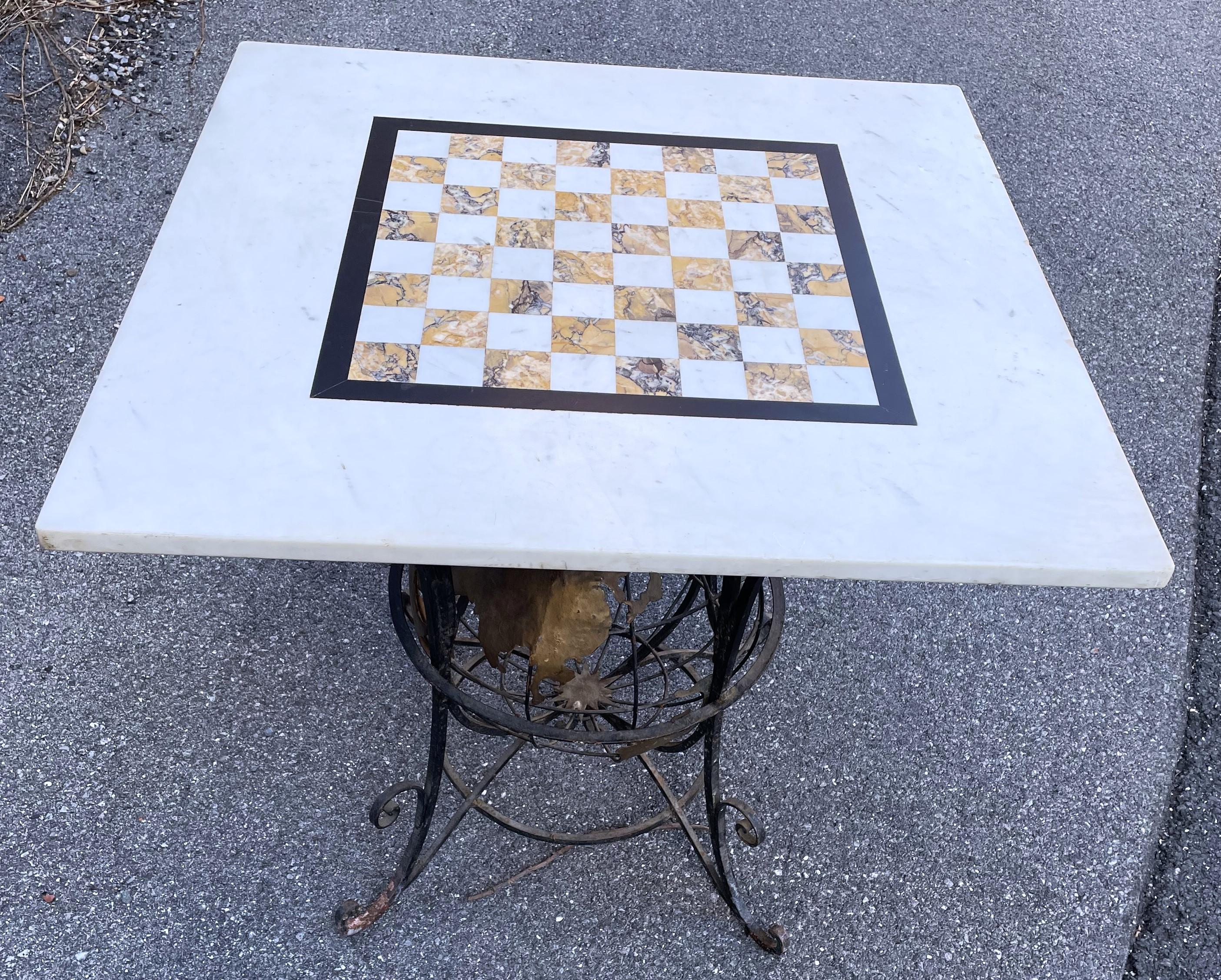 Inlay Wrought Iron World Globe Centered Table w/ Inlaid Marble Chess Board Top  For Sale