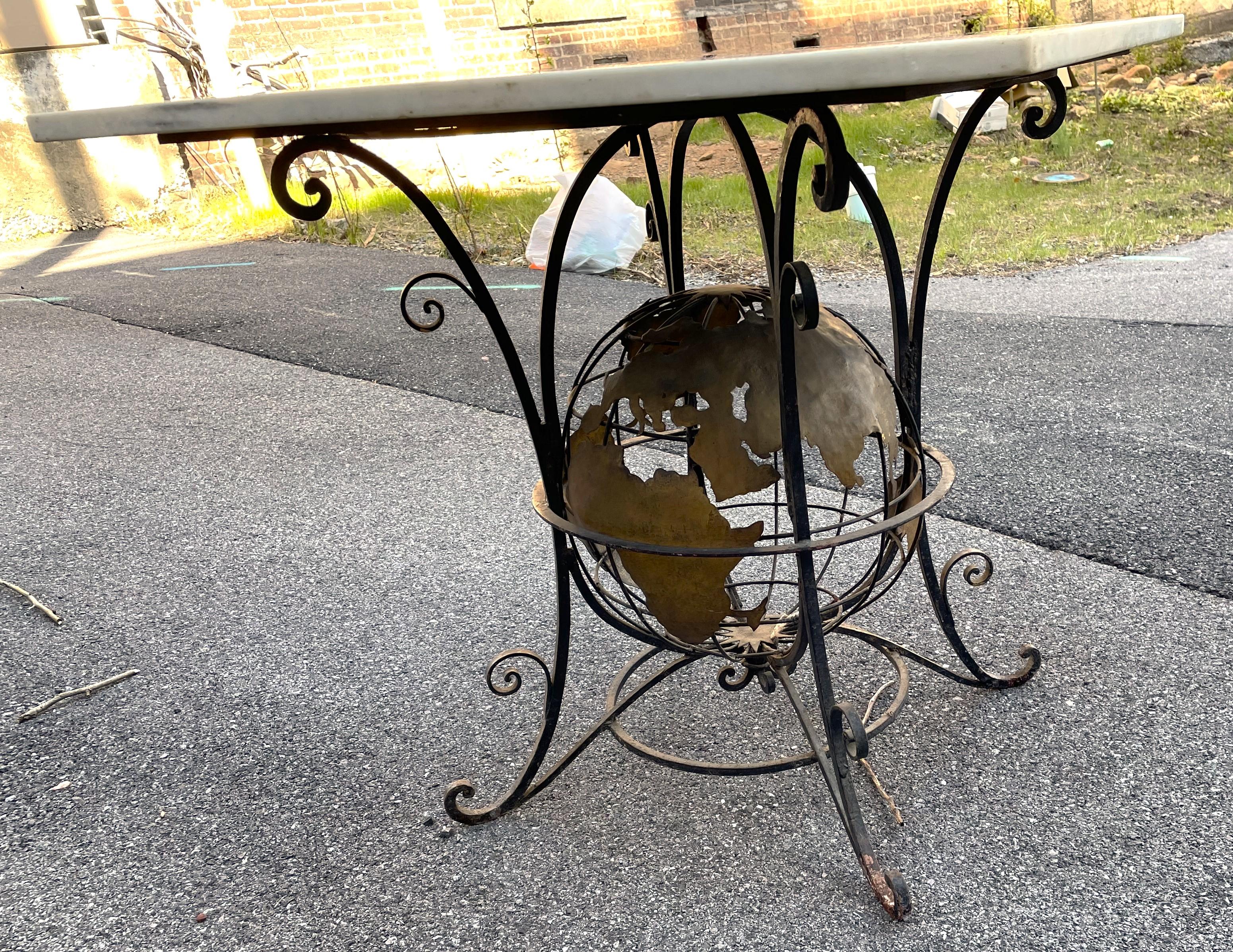 Wrought Iron World Globe Centered Table w/ Inlaid Marble Chess Board Top  In Good Condition For Sale In Clifton Forge, VA