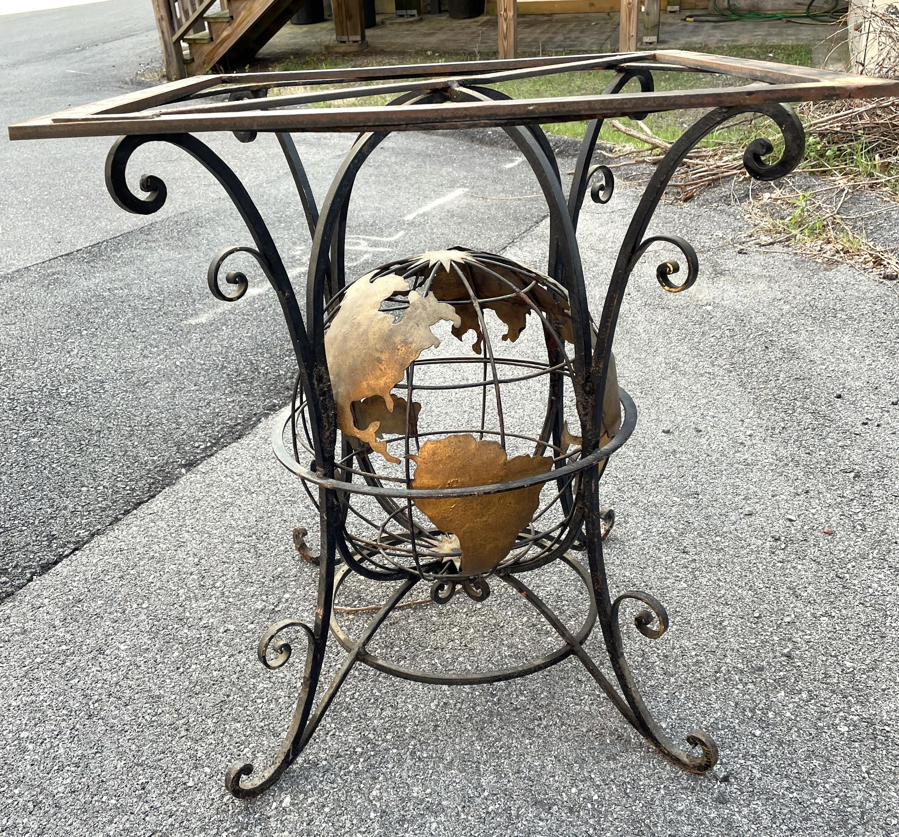20th Century Wrought Iron World Globe Centered Table w/ Inlaid Marble Chess Board Top  For Sale
