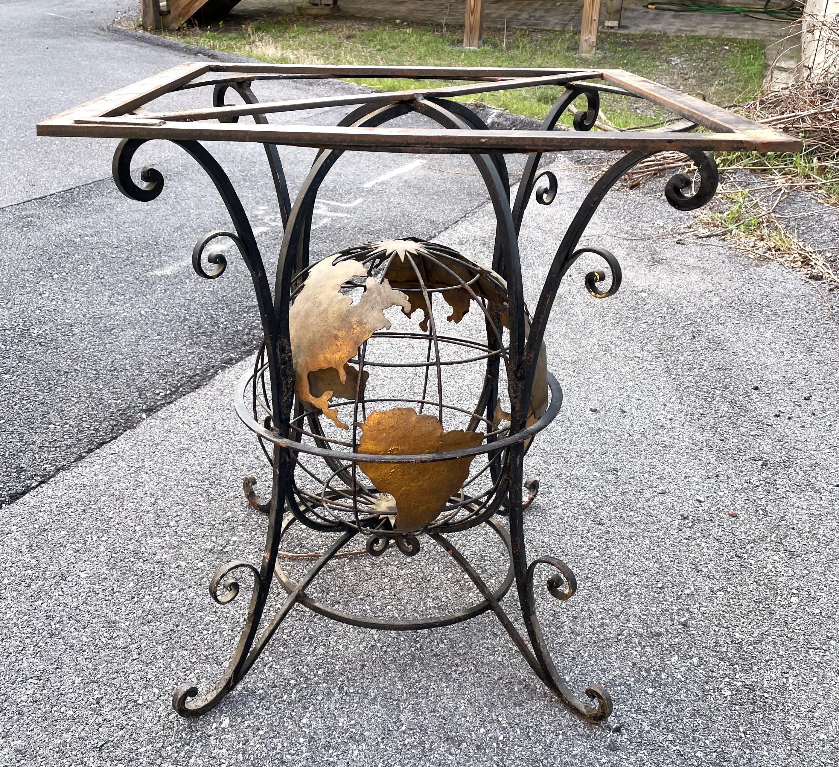 Wrought Iron World Globe Centered Table w/ Inlaid Marble Chess Board Top  For Sale 1