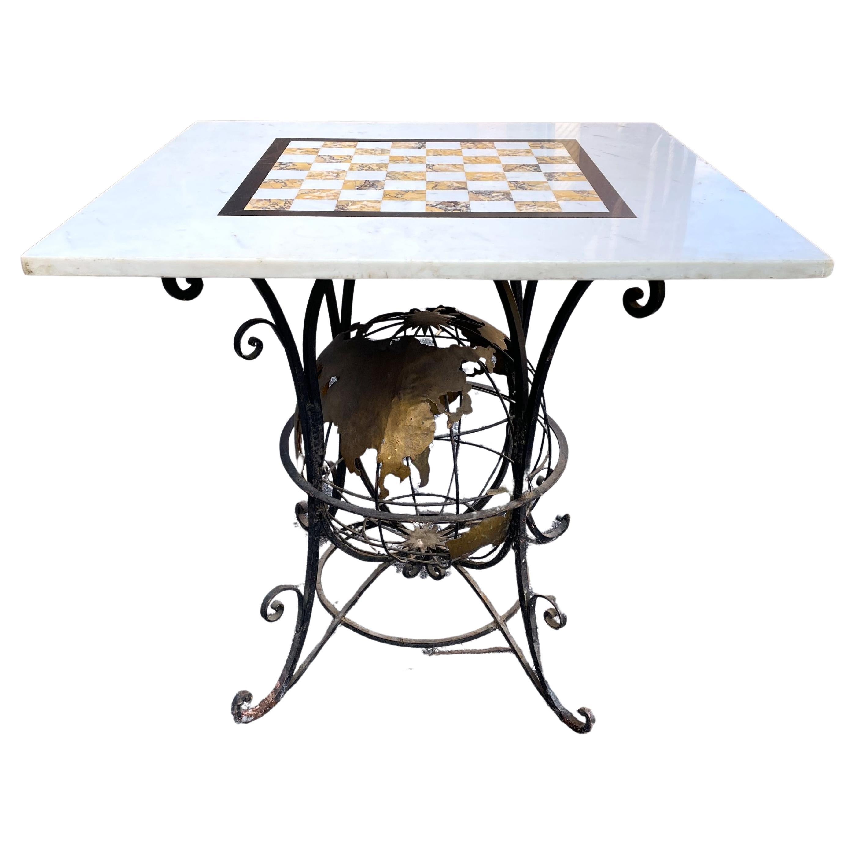 Wrought Iron World Globe Centered Table w/ Inlaid Marble Chess Board Top  For Sale