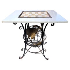 Retro Wrought Iron World Globe Centered Table w/ Inlaid Marble Chess Board Top 