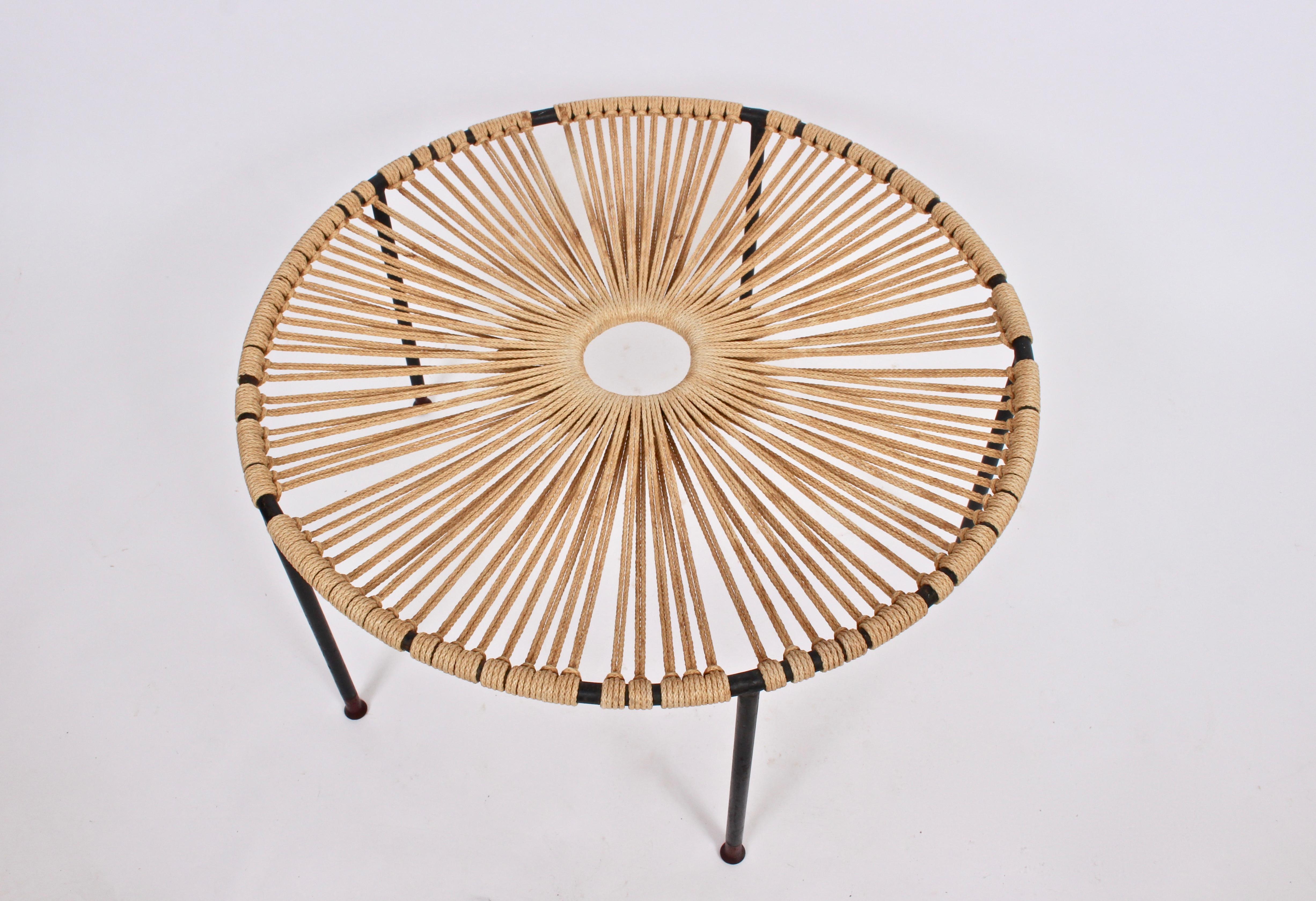 Wrought Iron, Woven Hemp Rope and Teak Footed Catchall, Table 1950s 5