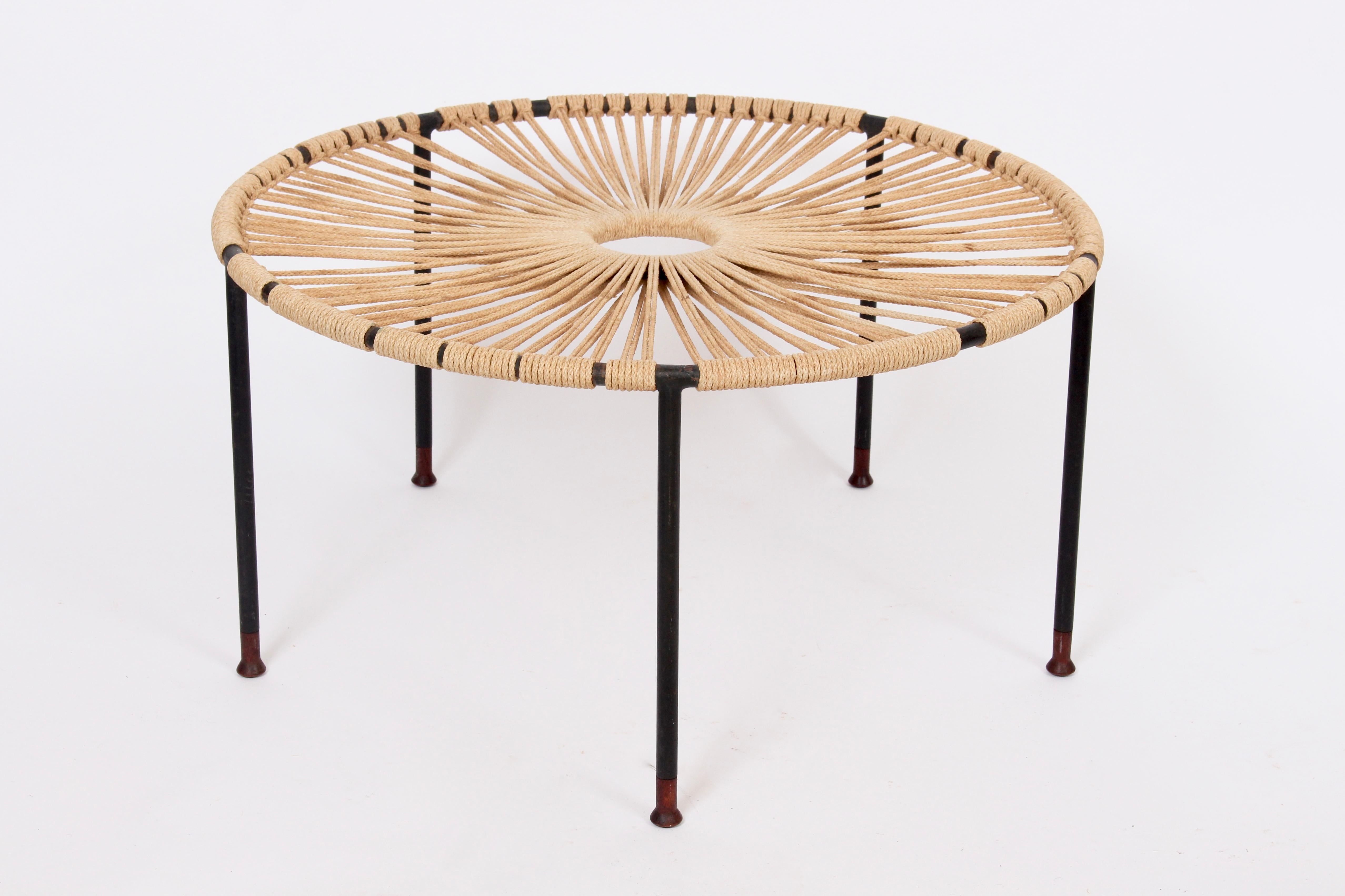 Wrought Iron, Woven Hemp Rope and Teak Footed Catchall, Table 1950s 6