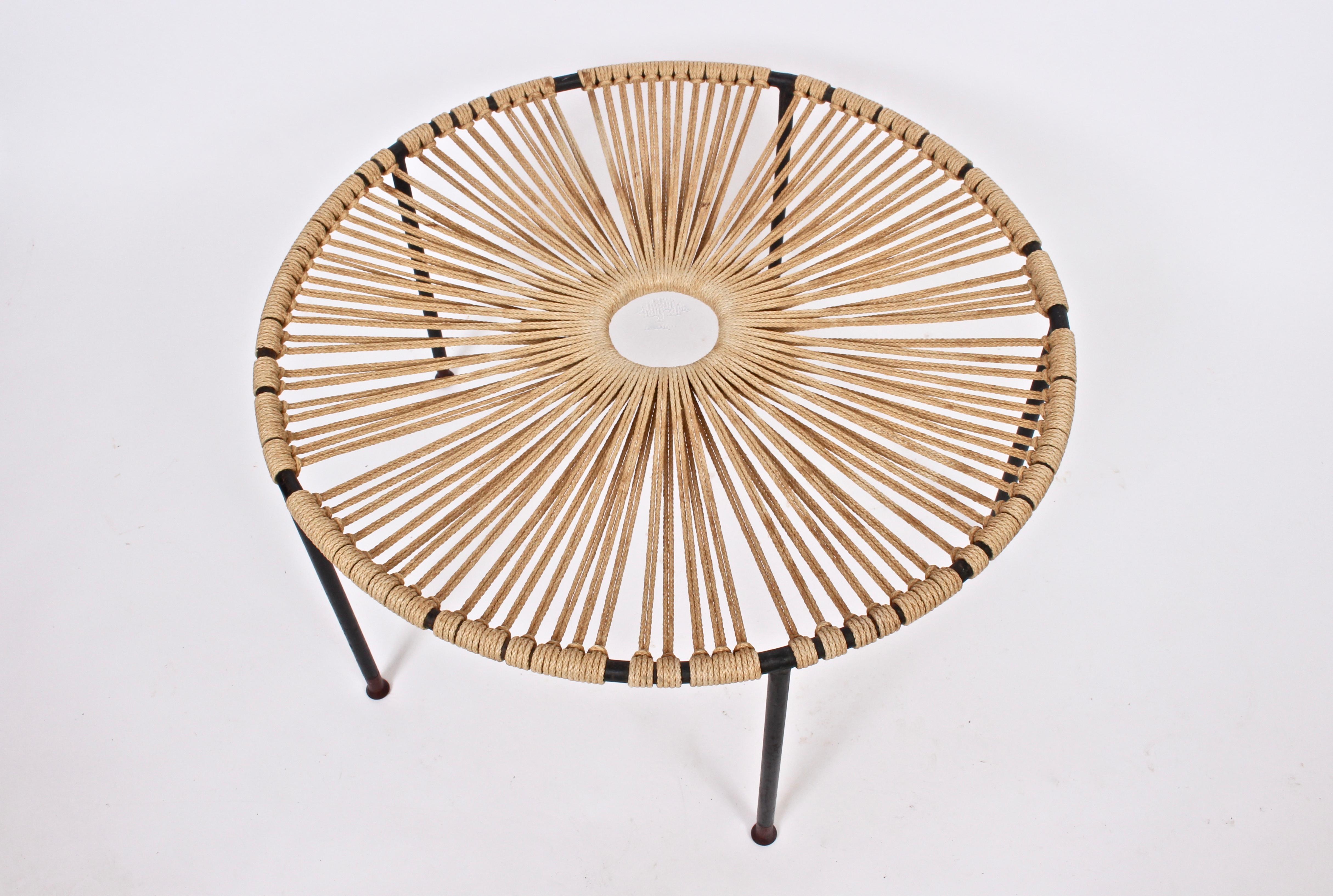 Mid-Century Modern Wrought Iron, Woven Hemp Rope and Teak Footed Catchall, Table 1950s