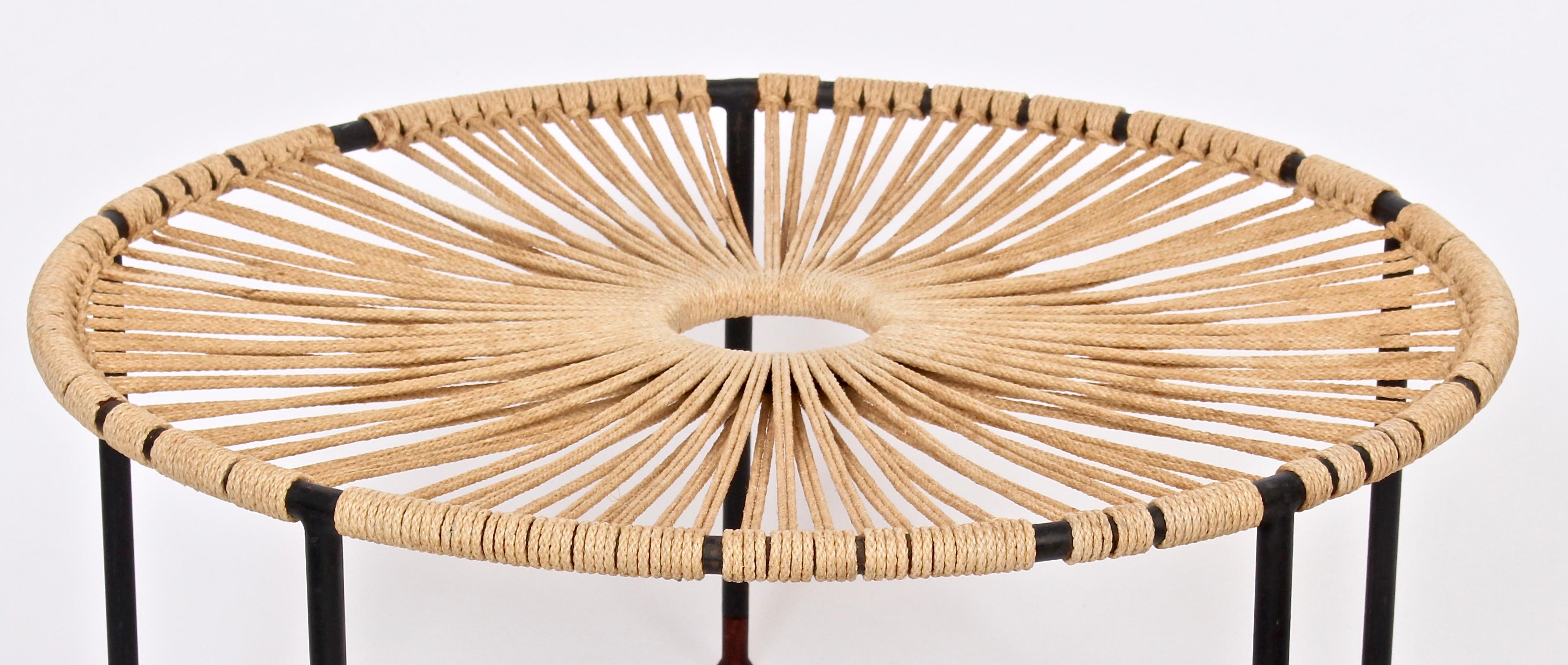 Unknown Wrought Iron, Woven Hemp Rope and Teak Footed Catchall, Table 1950s