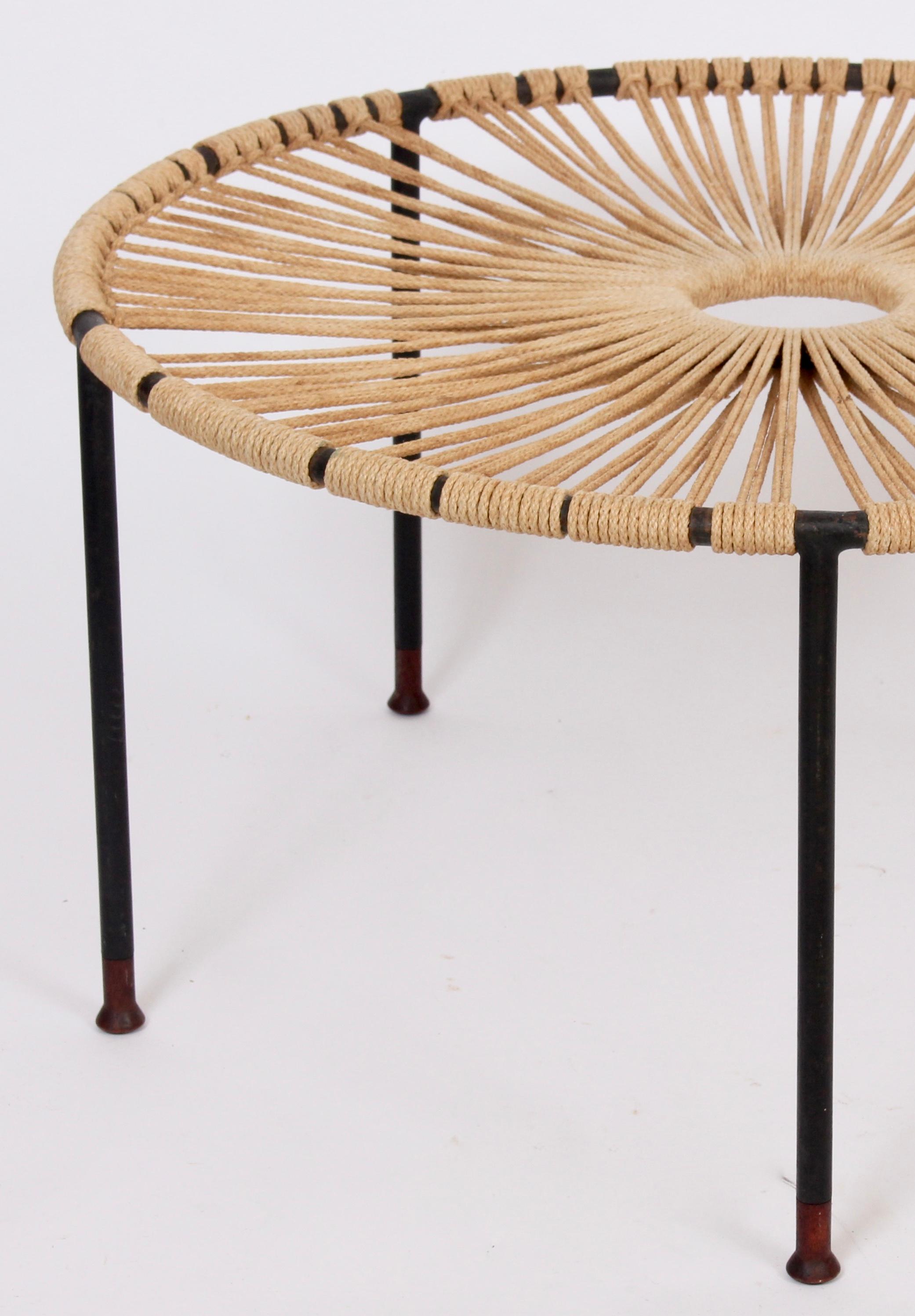 Wrought Iron, Woven Hemp Rope and Teak Footed Catchall, Table 1950s In Good Condition In Bainbridge, NY