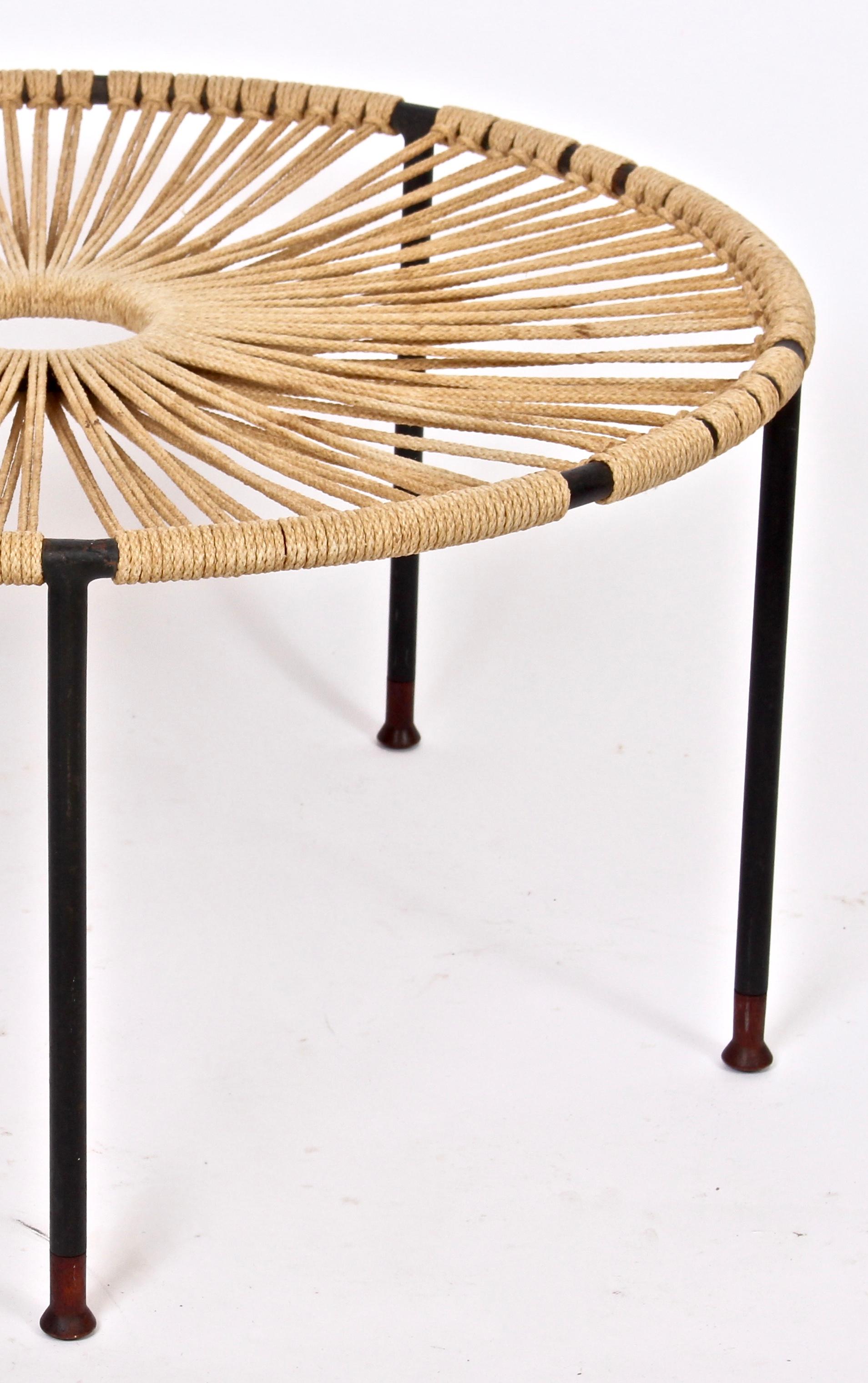 20th Century Wrought Iron, Woven Hemp Rope and Teak Footed Catchall, Table 1950s