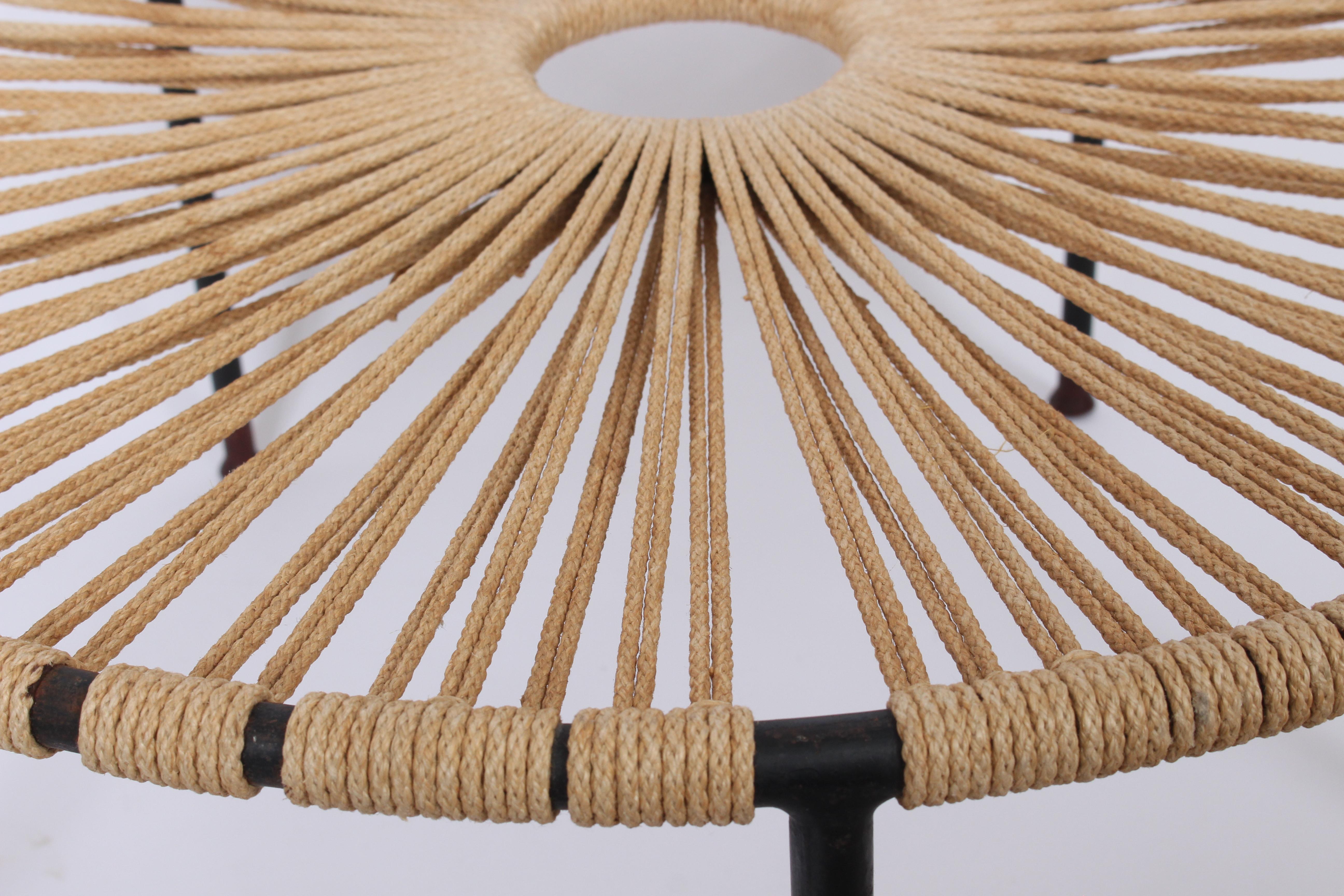 Wrought Iron, Woven Hemp Rope and Teak Footed Catchall, Table 1950s 1
