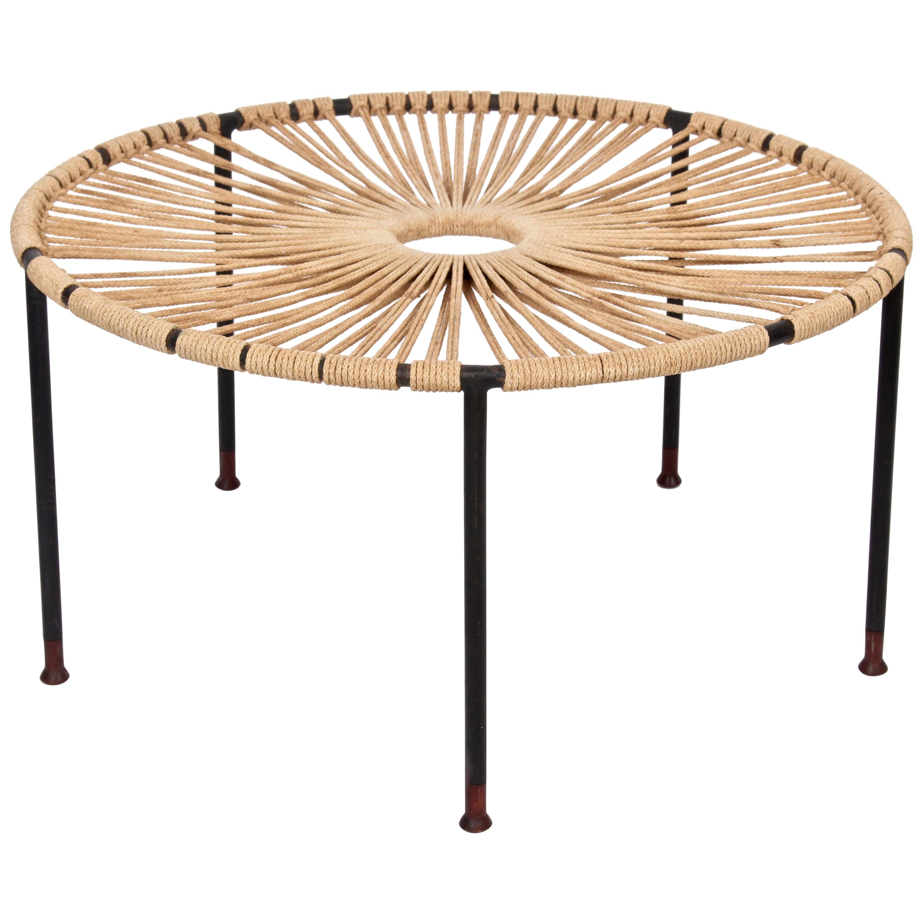 Wrought Iron, Woven Hemp Rope and Teak Footed Catchall, Table 1950s