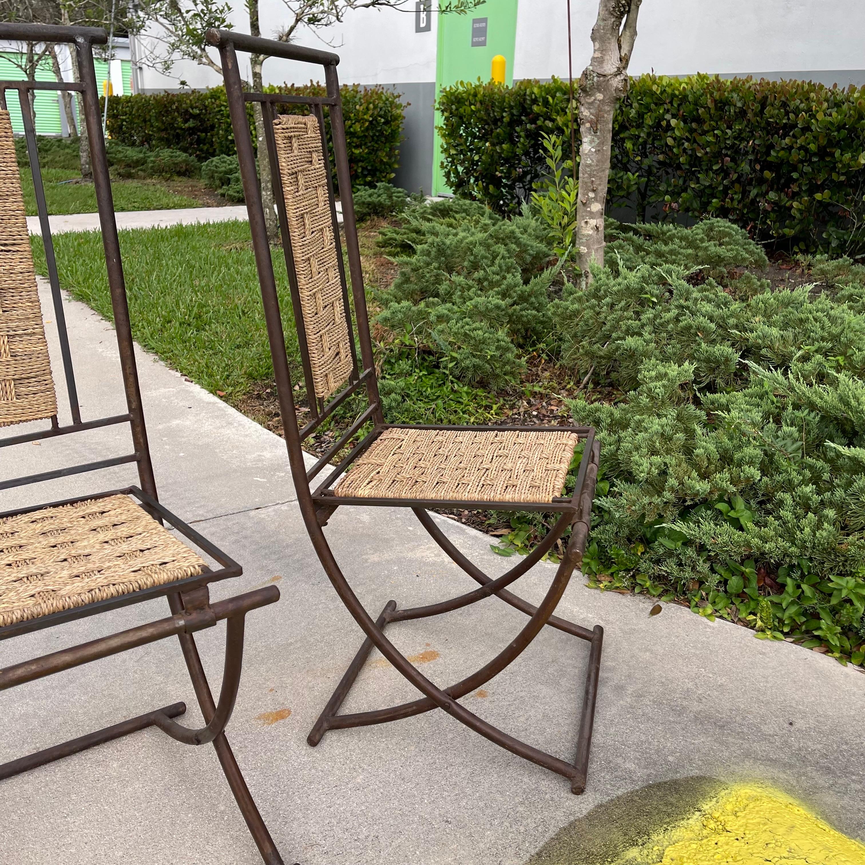 Wrought Iron & Woven Rope Folding Chairs, a Pair In Good Condition For Sale In Jensen Beach, FL