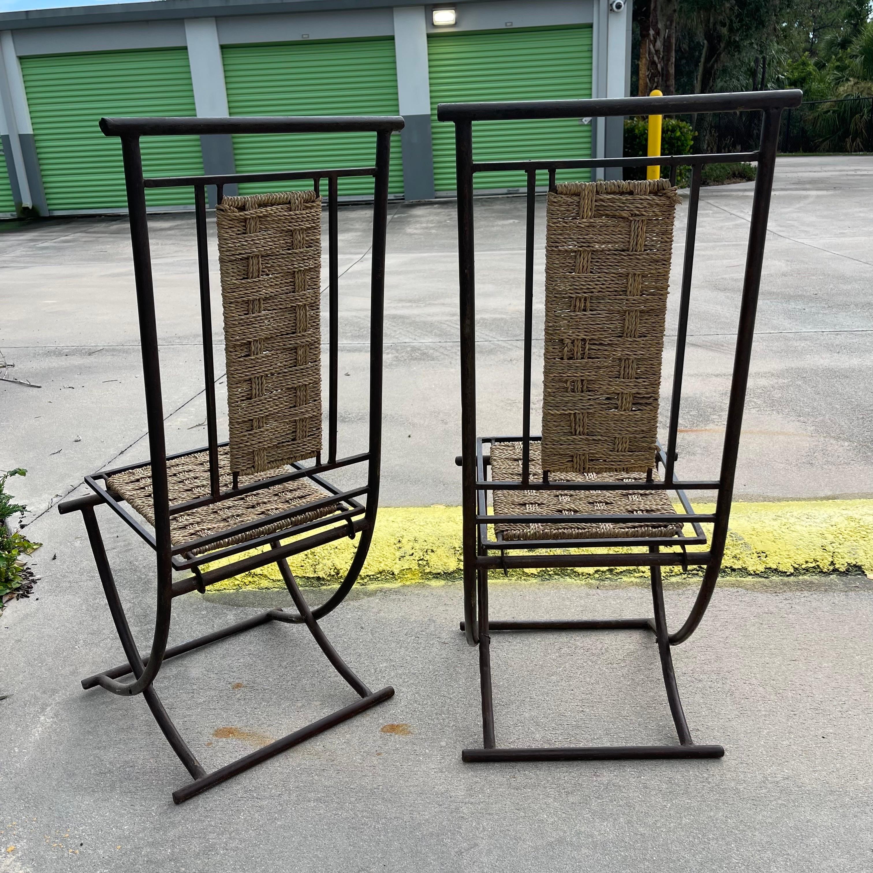 Wrought Iron & Woven Rope Folding Chairs, a Pair For Sale 1