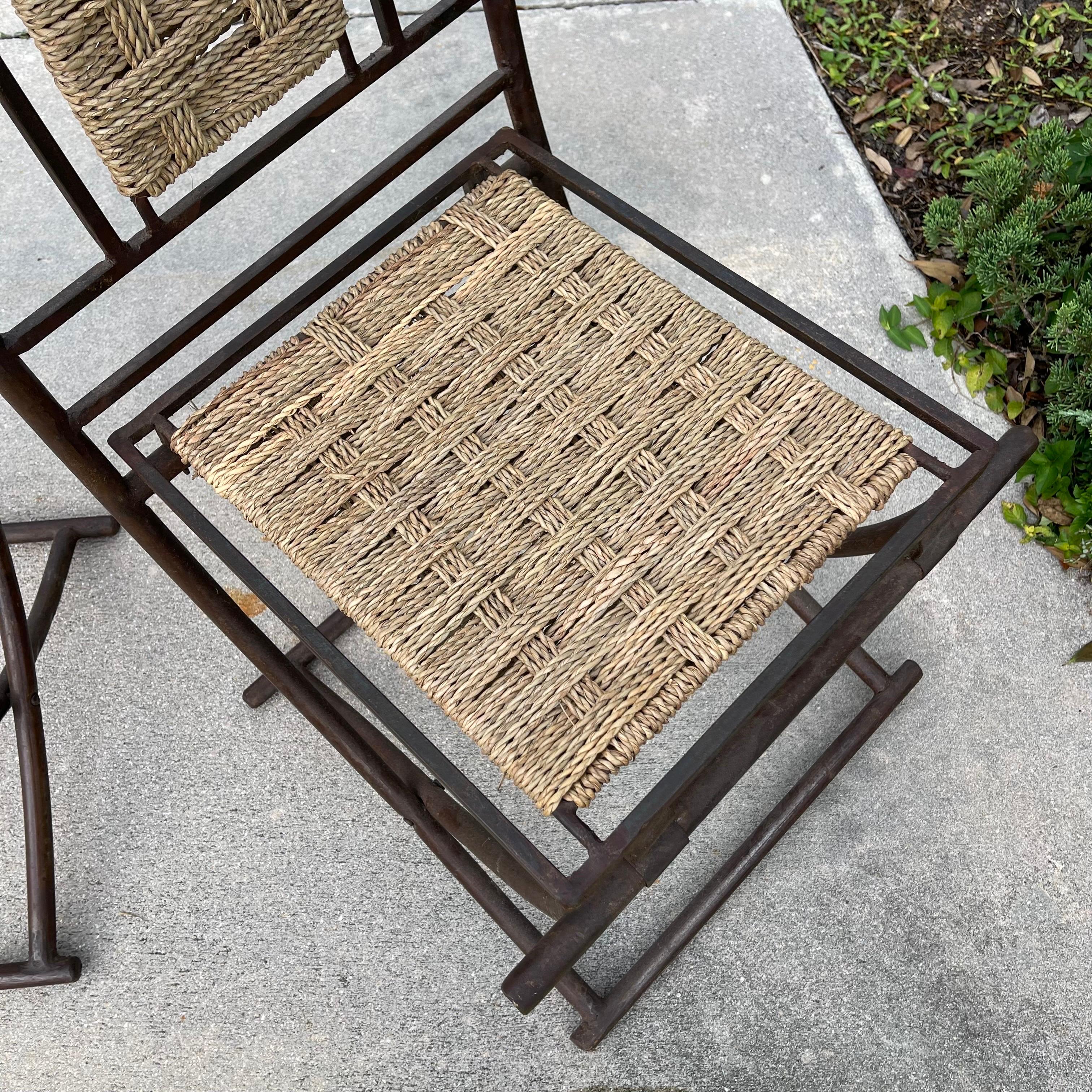 Wrought Iron & Woven Rope Folding Chairs, a Pair For Sale 2