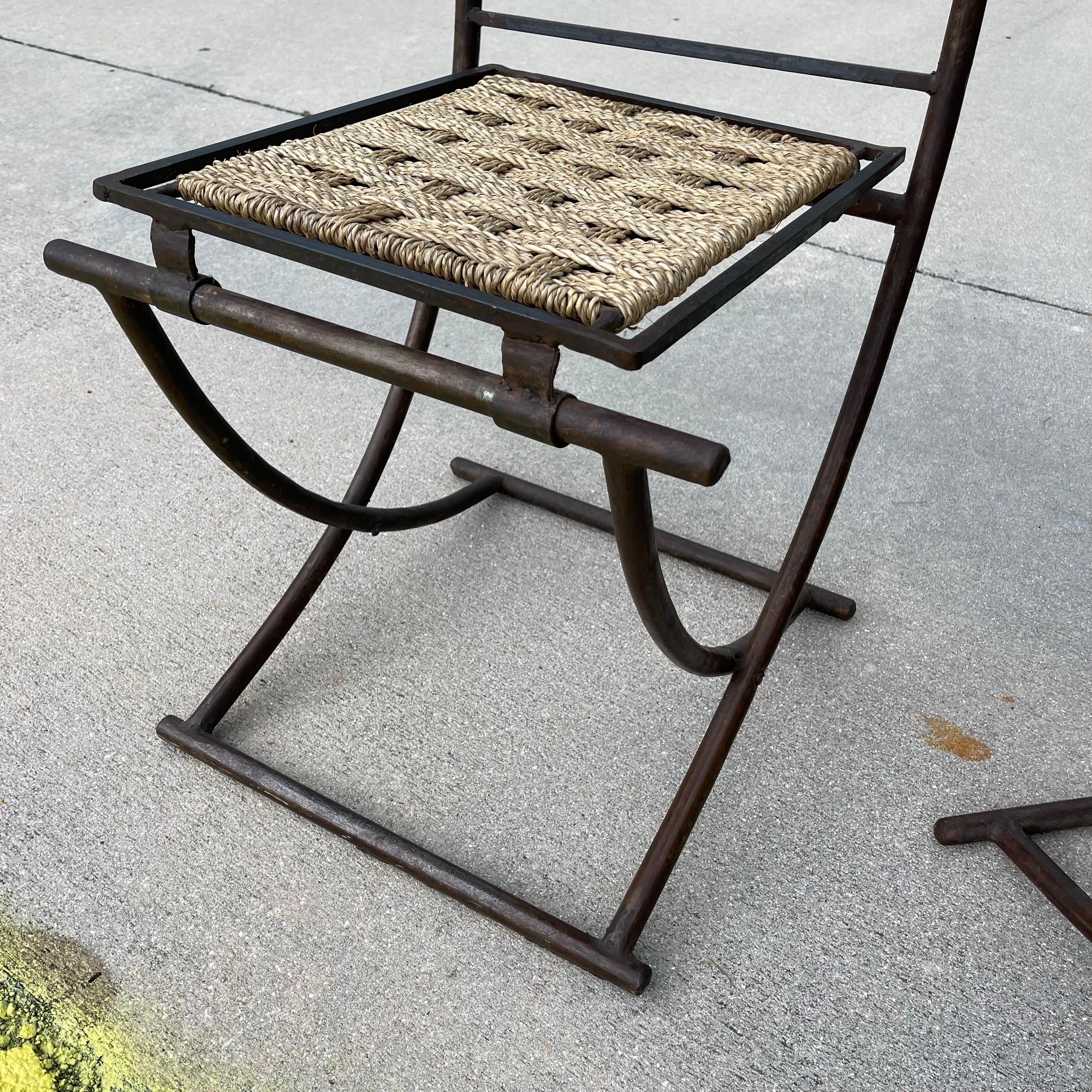 Wrought Iron & Woven Rope Folding Chairs, a Pair For Sale 3