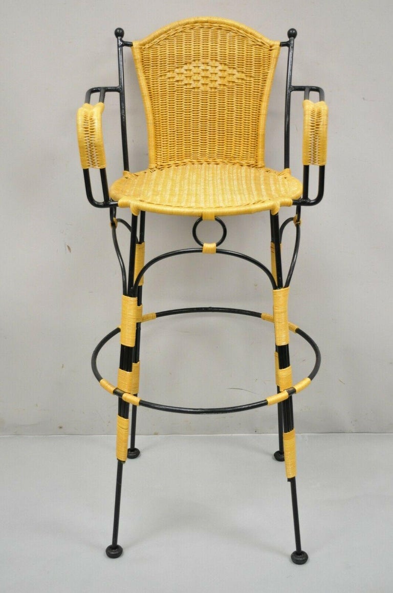 Wrought Iron Woven Vinyl Rattan Spanish Barstools with Arms, Set of 4 ...