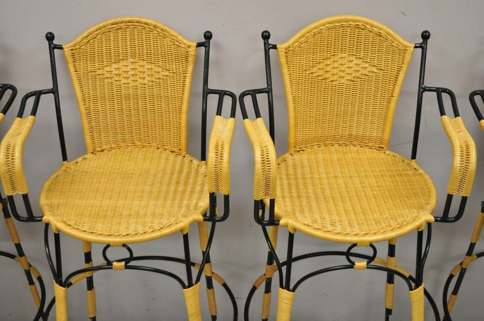 Wrought Iron Woven Vinyl Rattan Spanish Barstools with Arms, Set of 4 In Good Condition In Philadelphia, PA
