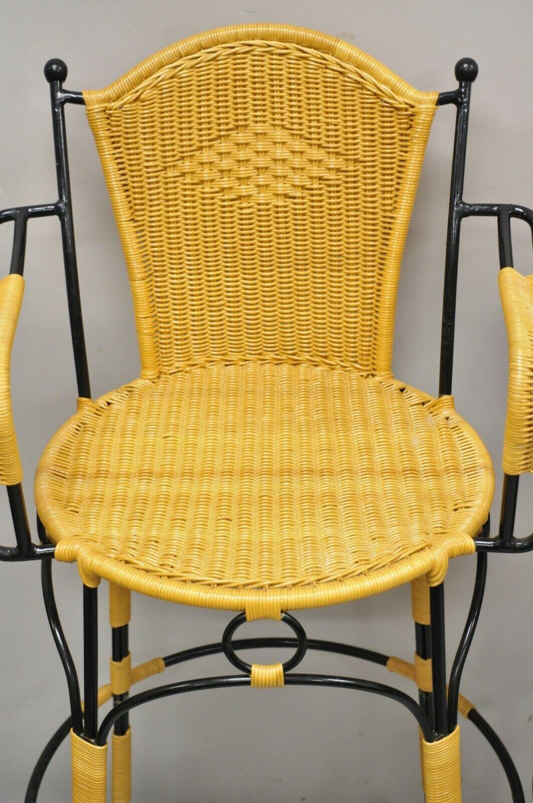 Wrought Iron Woven Vinyl Rattan Spanish Barstools with Arms, Set of 4 1
