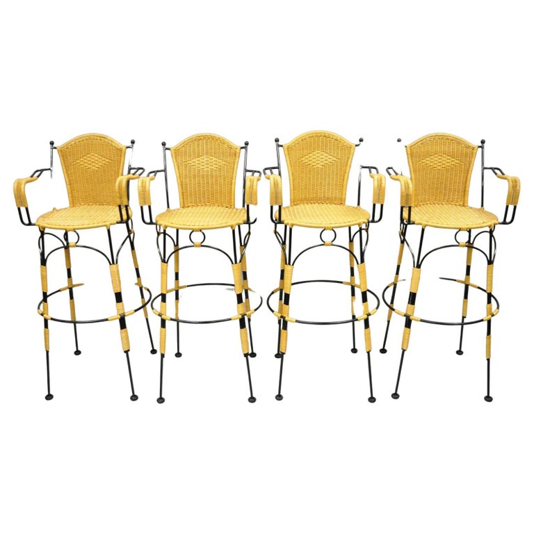 Wrought Iron Woven Vinyl Rattan Spanish Barstools with Arms, Set of 4 ...