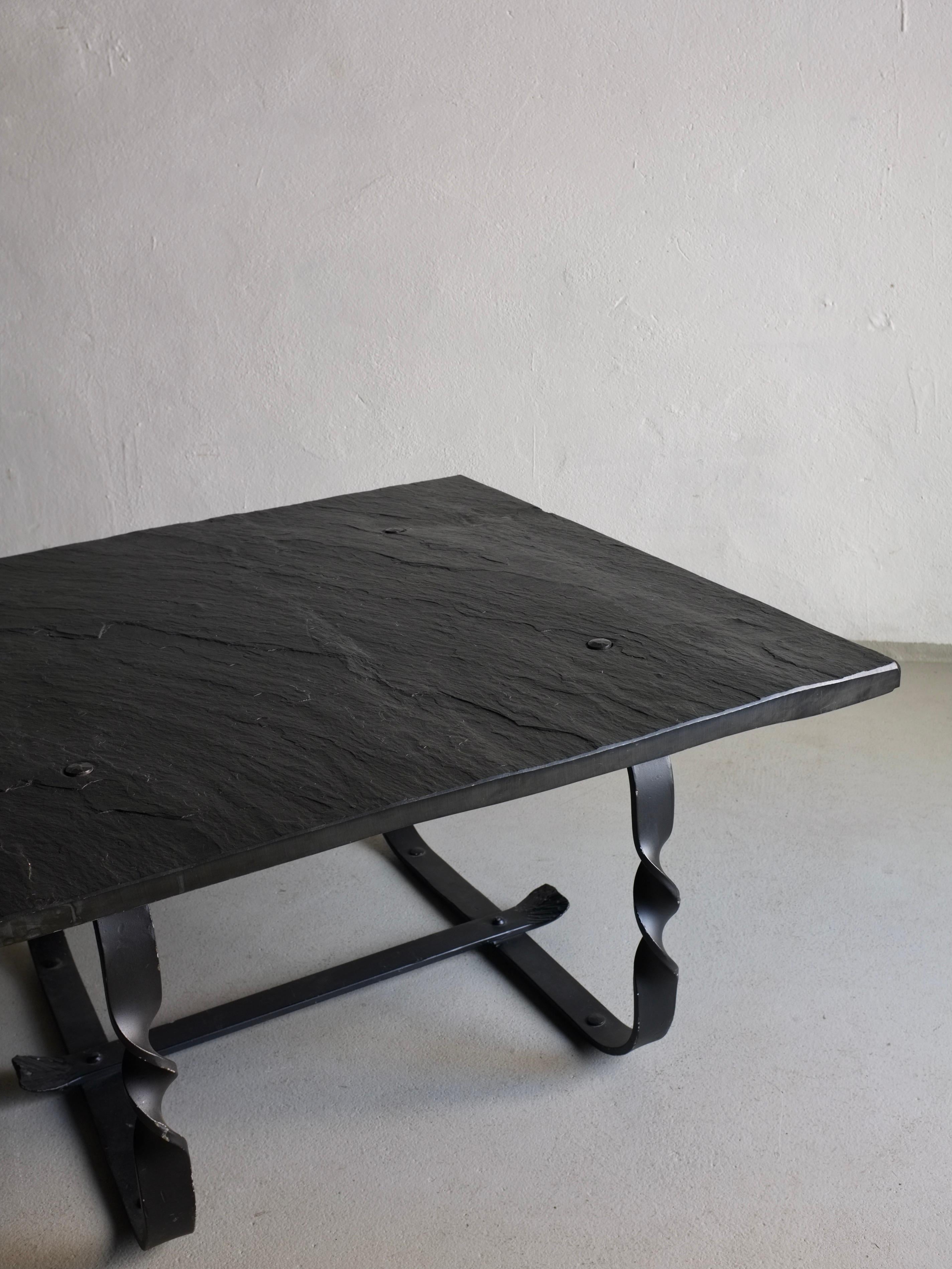 Brutalist Wrought Metal Black Stone Square Coffee Table, France, 1970s For Sale