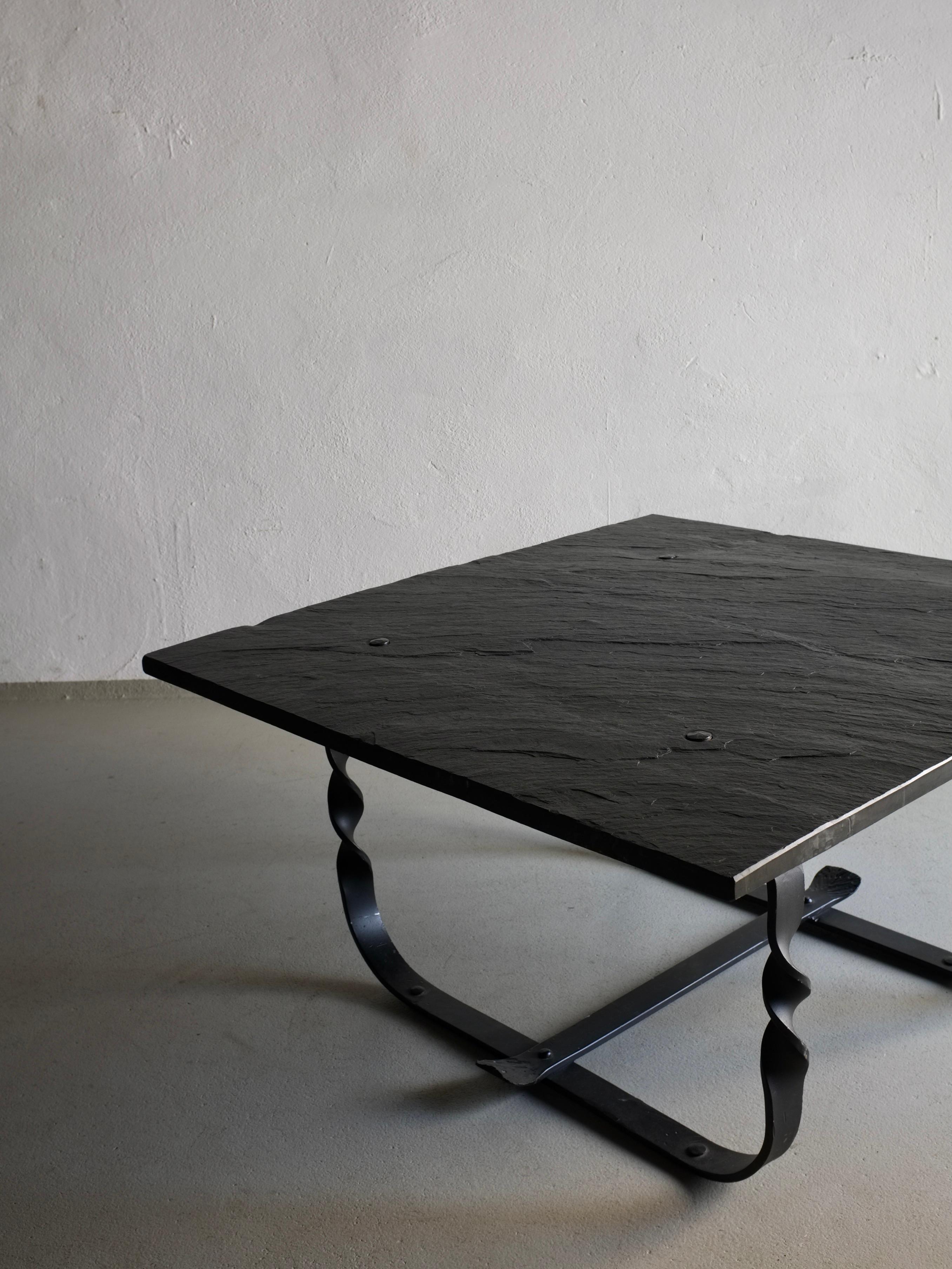 French Wrought Metal Black Stone Square Coffee Table, France, 1970s For Sale