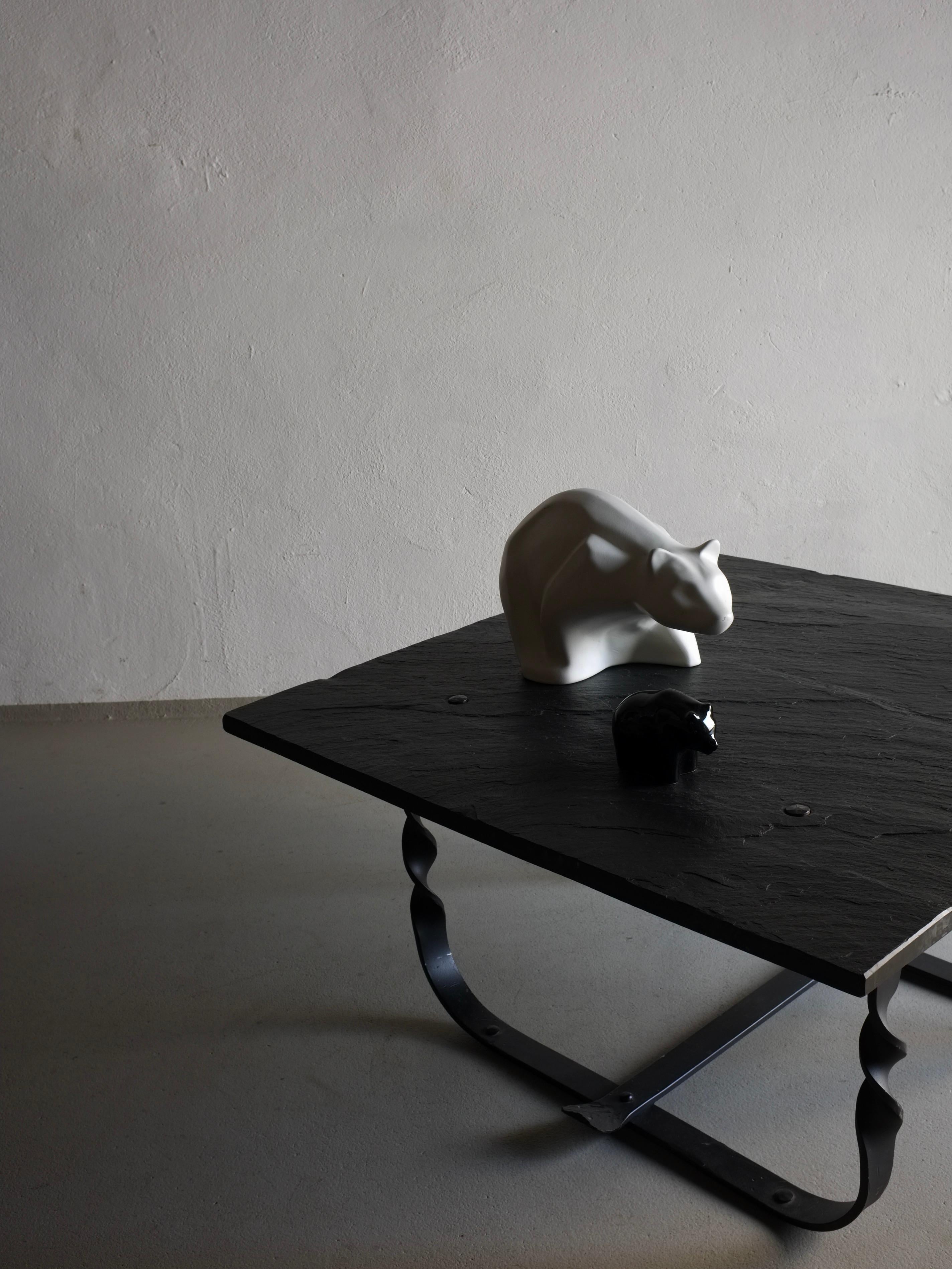 Wrought Metal Black Stone Square Coffee Table, France, 1970s In Good Condition For Sale In Rīga, LV