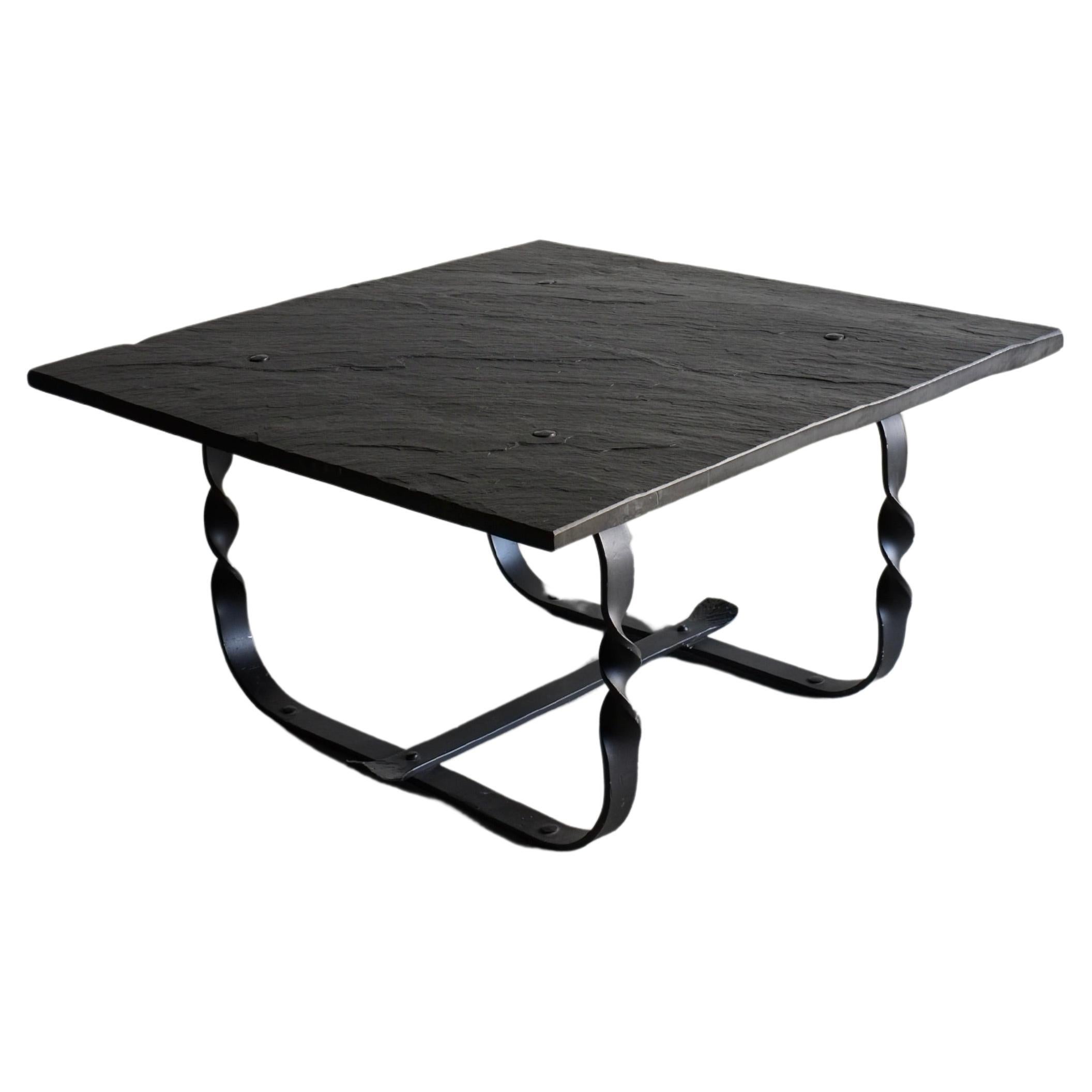 Wrought Metal Black Stone Square Coffee Table, France, 1970s For Sale