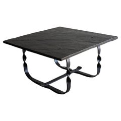 Wrought Metal Black Stone Square Coffee Table, France, 1970s