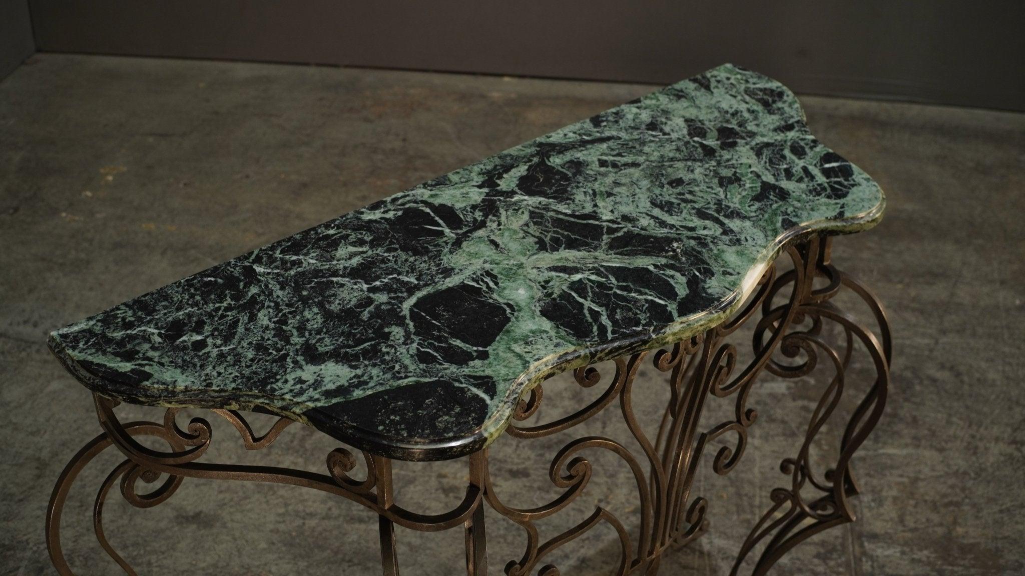 Wrought Steel Variegated Marble Top Console Table, Manner of Gilbert Poillerat For Sale 4