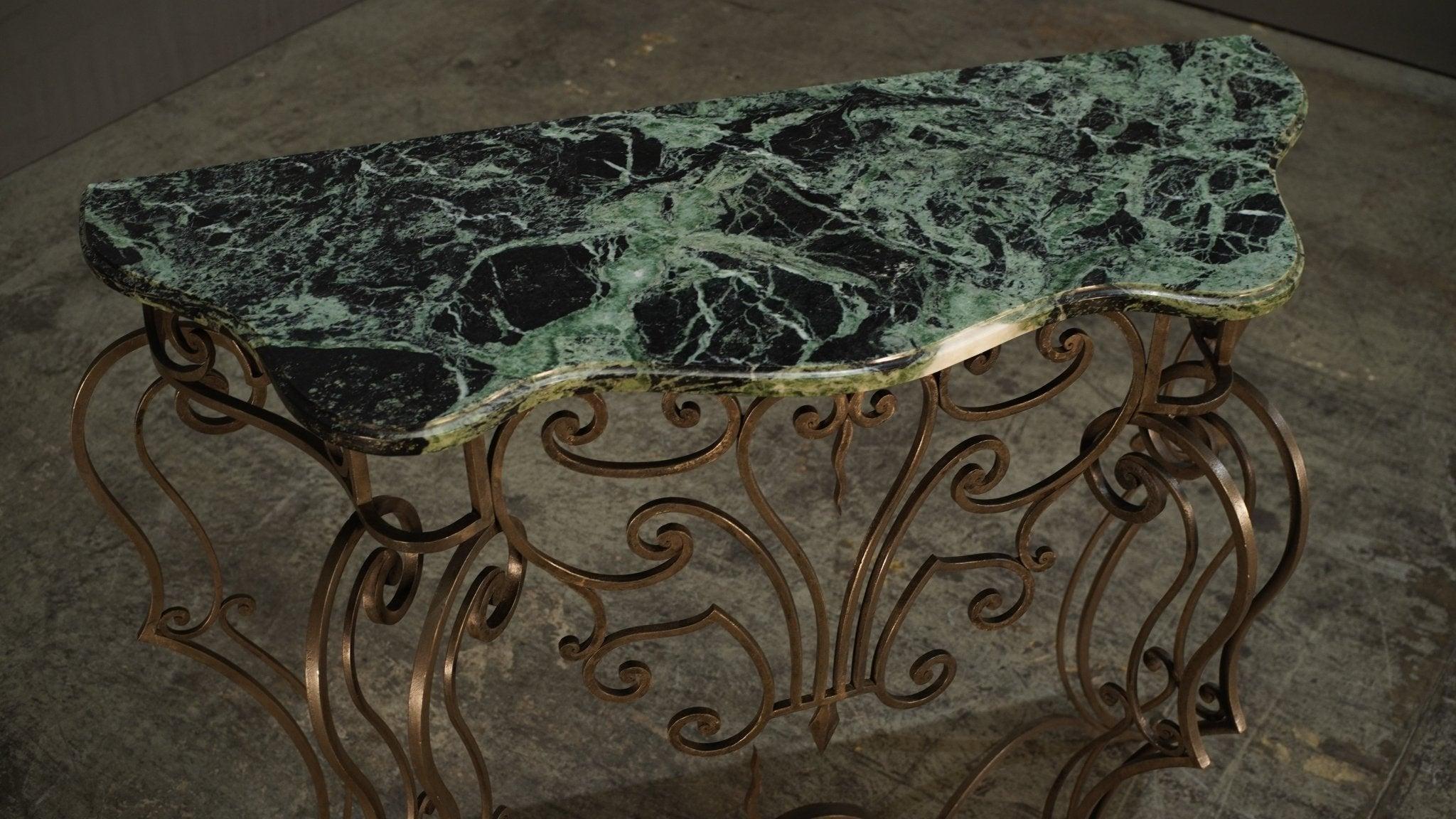 Contemporary Wrought Steel Variegated Marble Top Console Table, Manner of Gilbert Poillerat For Sale