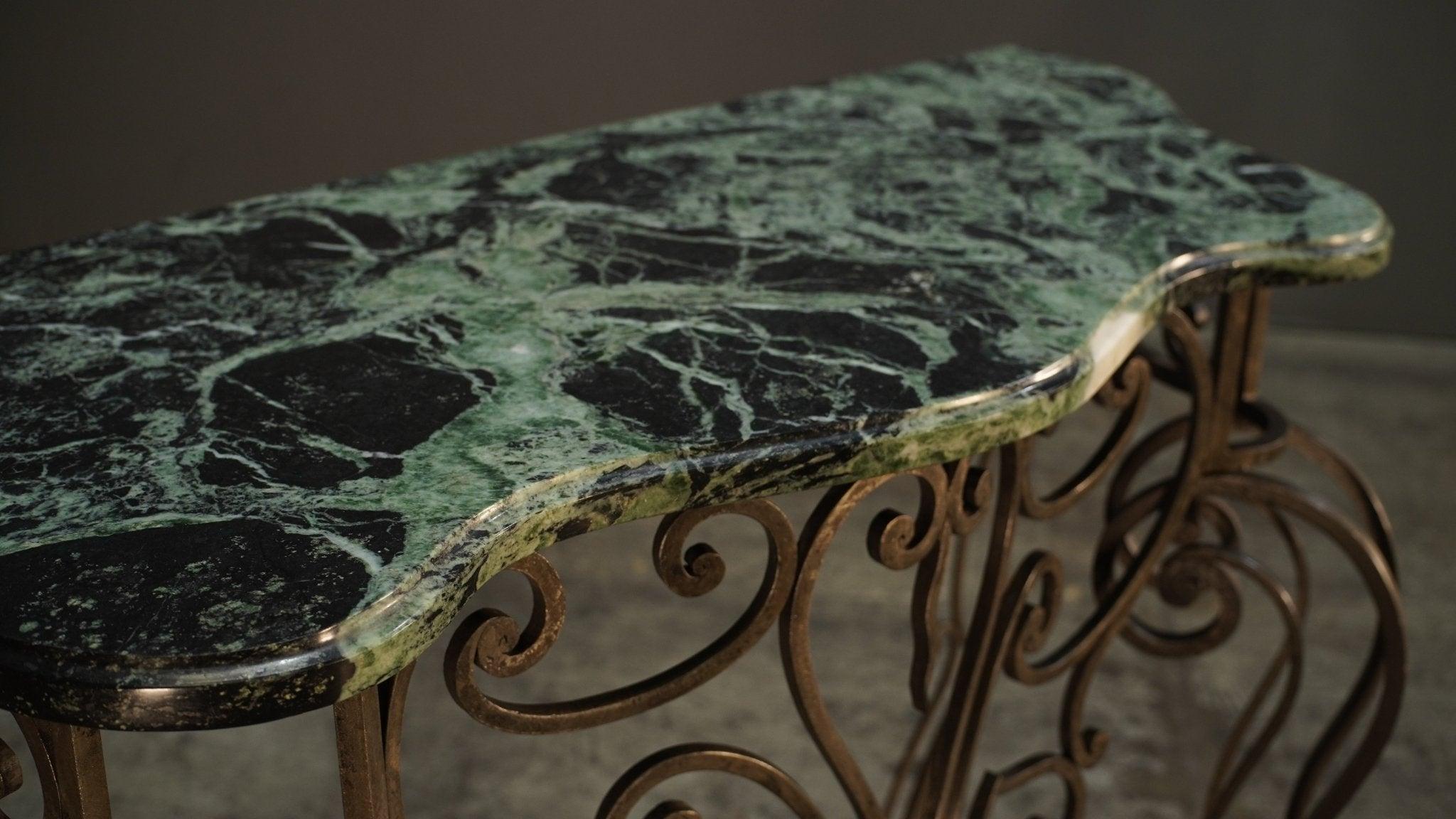 Wrought Steel Variegated Marble Top Console Table, Manner of Gilbert Poillerat For Sale 1