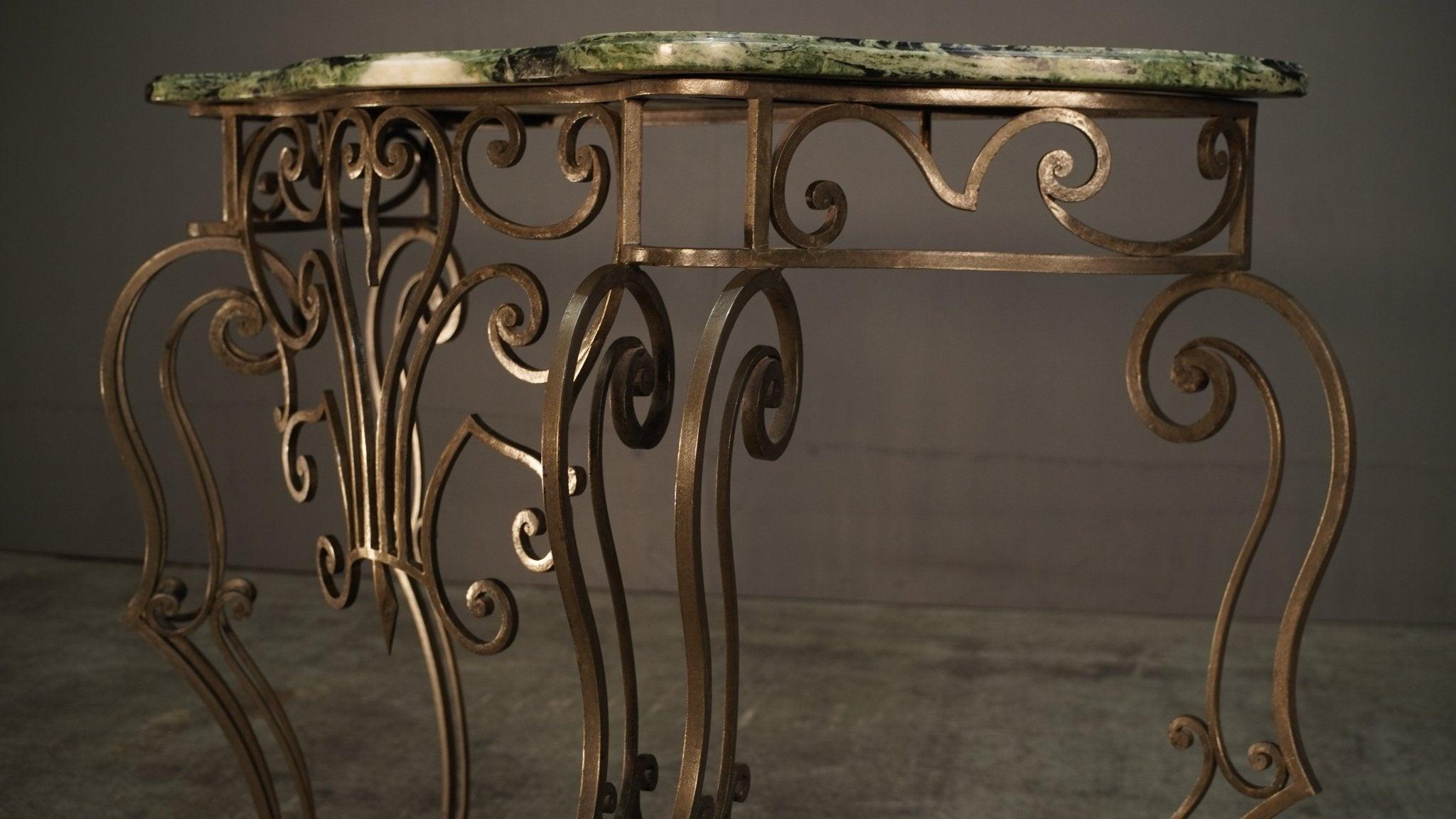 Wrought Steel Variegated Marble Top Console Table, Manner of Gilbert Poillerat For Sale 2