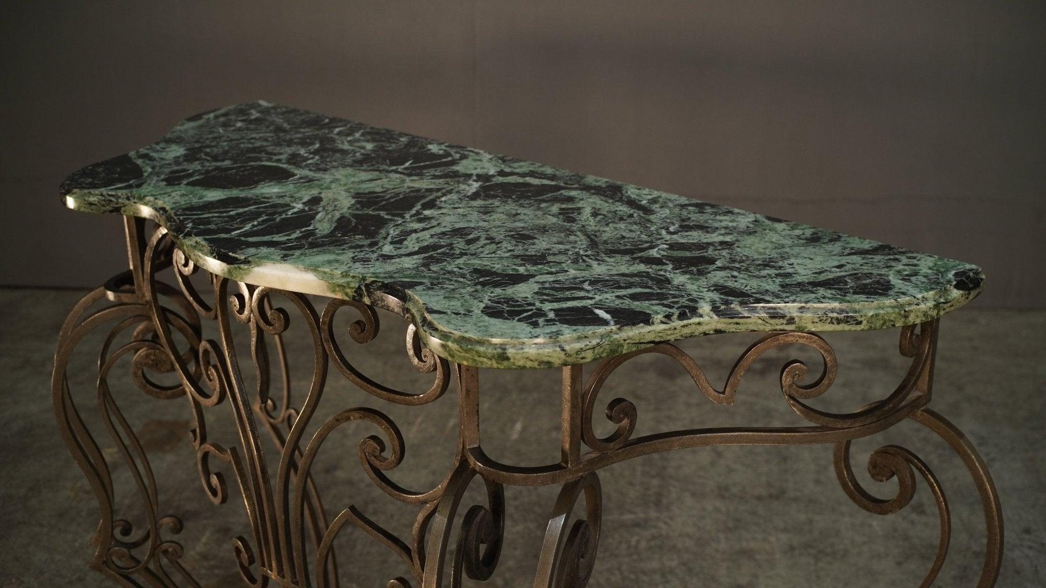 Wrought Steel Variegated Marble Top Console Table, Manner of Gilbert Poillerat For Sale 3