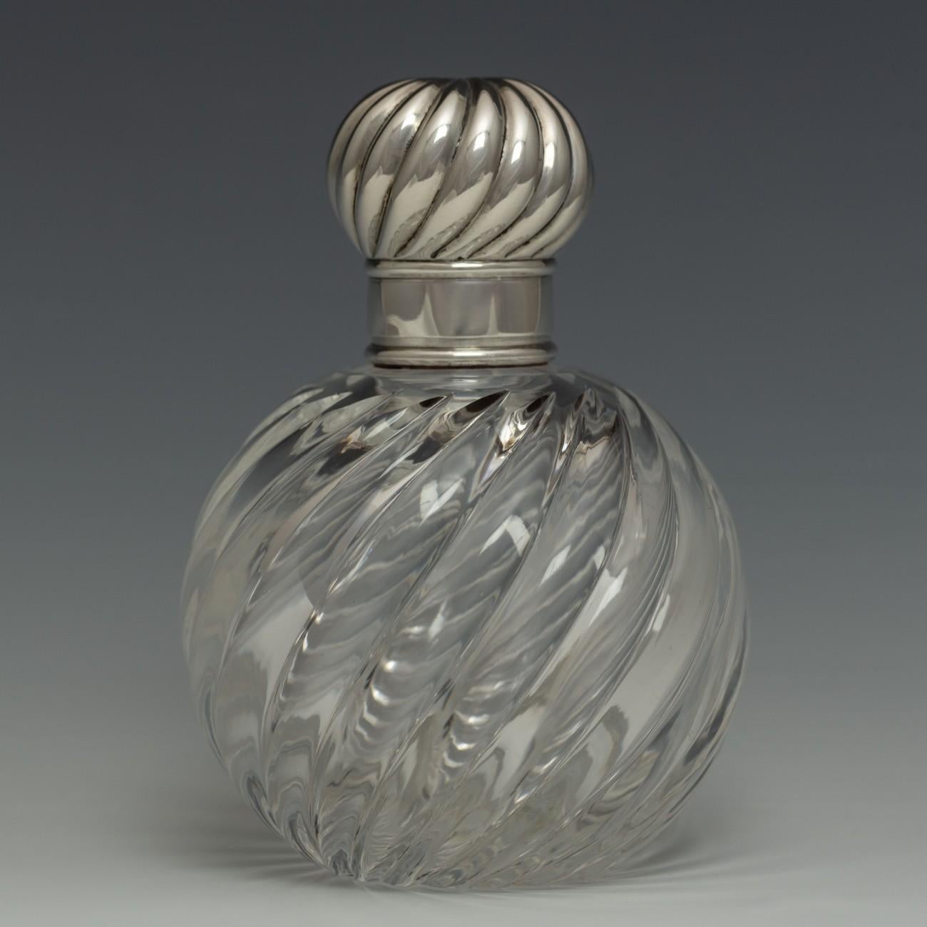 British Wrythen Glass and Sterling Silver Perfume Bottle, Hallmarked, 1886