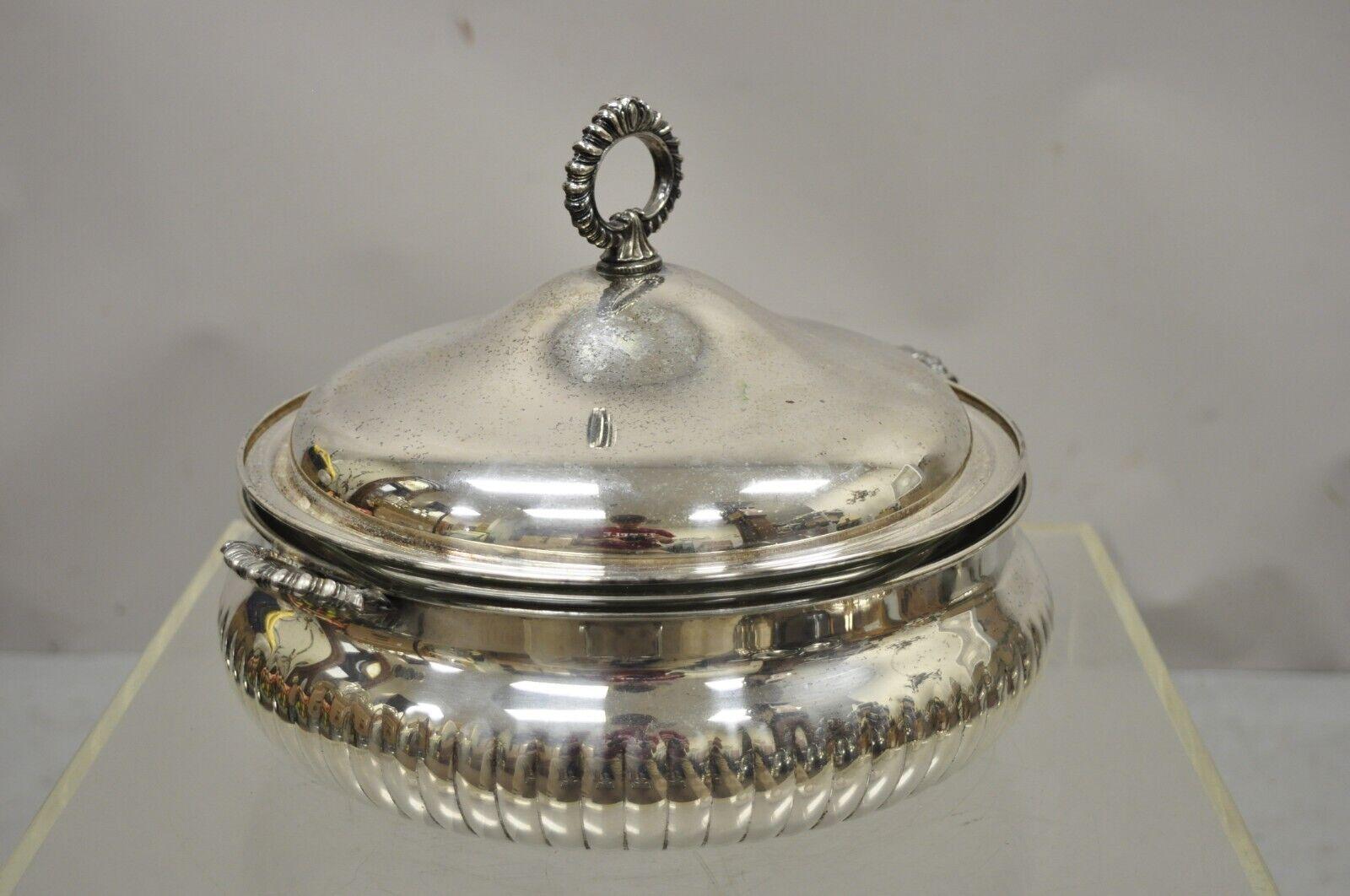 W&SB 195 silver plate covered platter serving tray dish bowl. Item features pyrex glass liner, ornate domed lid, twin handles, flat base, original stamp. mid 20th century. Measurements: 9