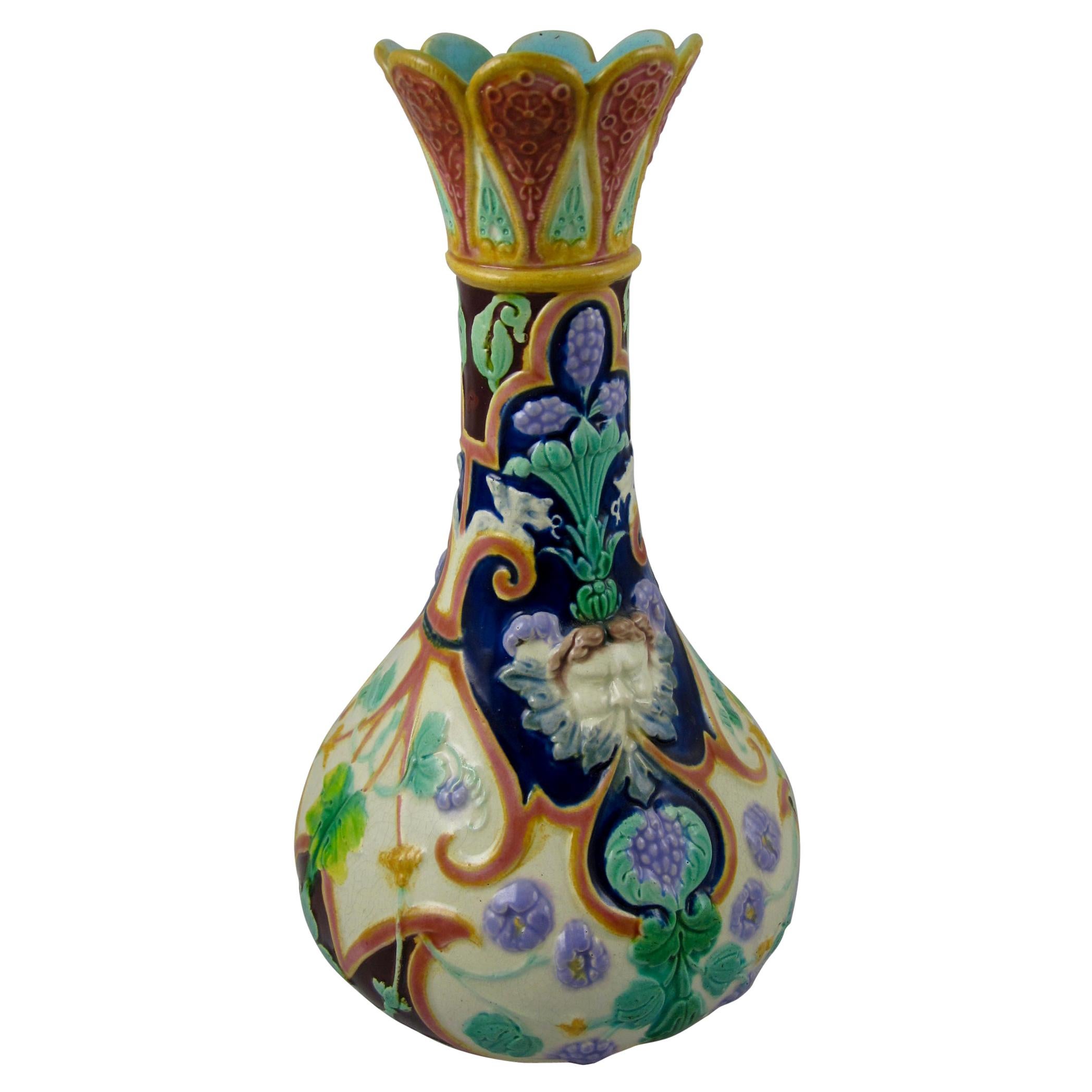 WT Copeland English Majolica Mythological Satyr Mask and Floral Vase, 1860-1875 For Sale