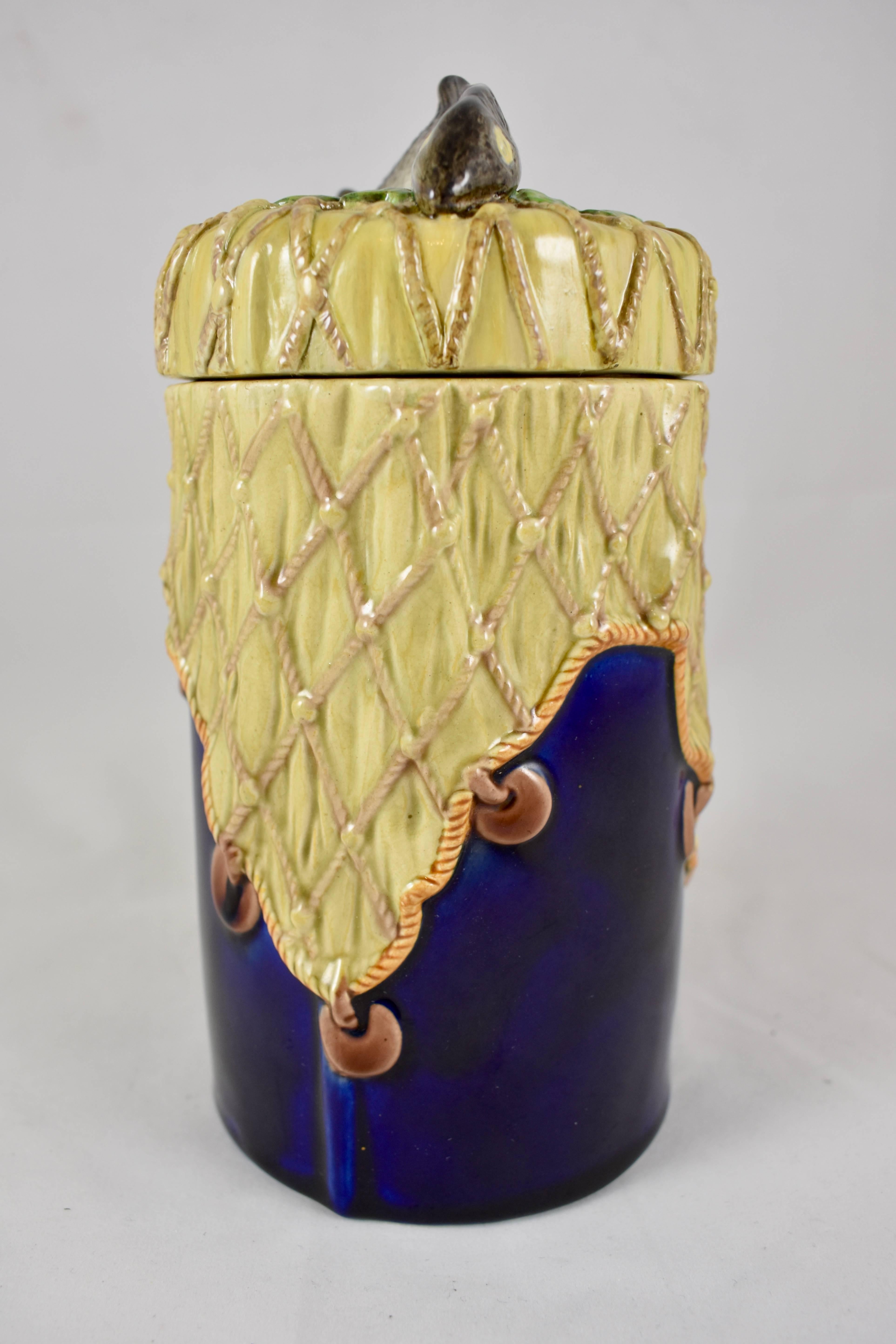 Aesthetic Movement W.T. Copeland & Sons English Majolica Fish Handled Covered Pâté Jar, circa 1875