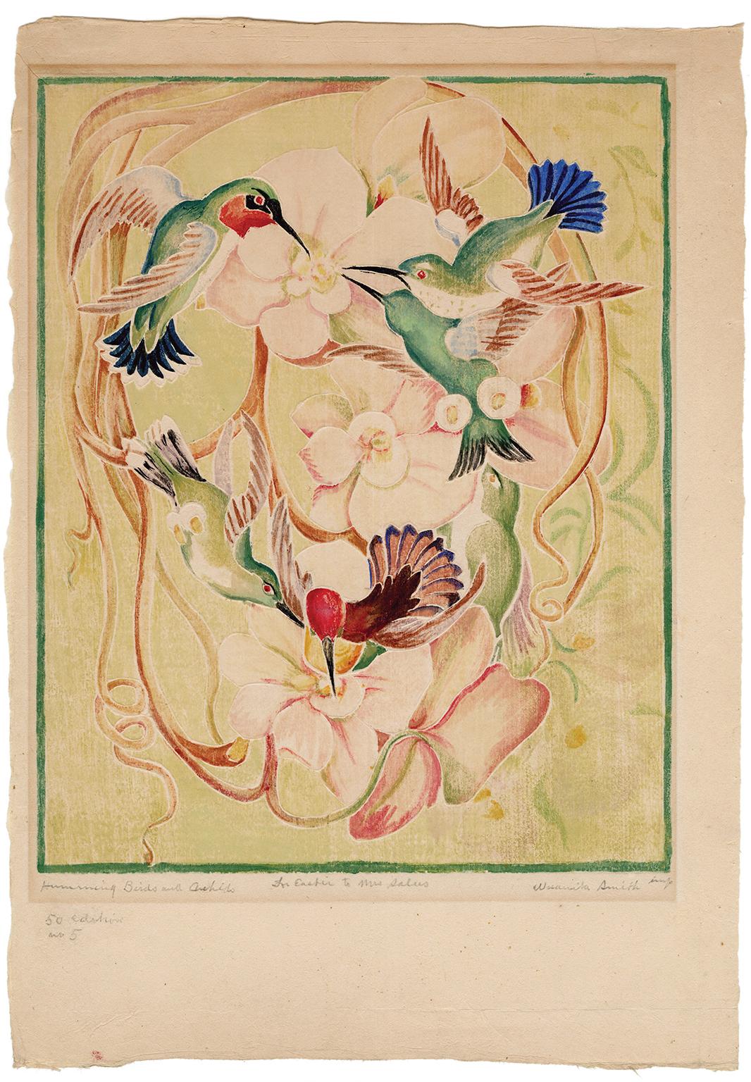 'Hummernde Vögel und Orchideen' Vintage Weiße Linie Farbholzschnitt – Print von Wuanita Smith