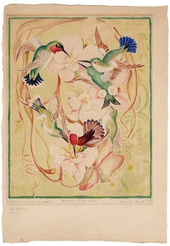 'Humming Birds and Orchids' — Vintage White Line Color Woodcut