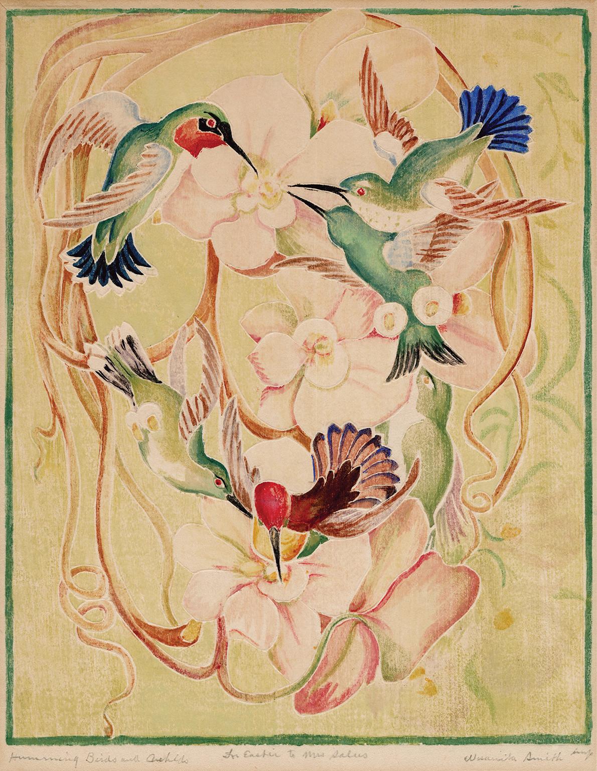 Wuanita Smith Figurative Print – 'Hummernde Vögel und Orchideen' Vintage Weiße Linie Farbholzschnitt